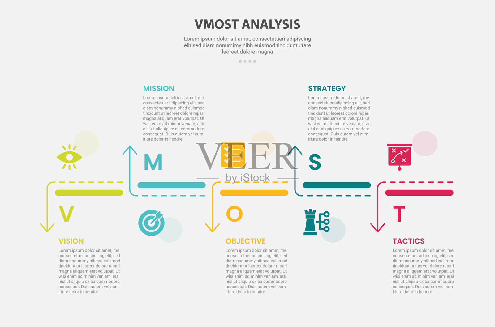 Vmost分析信息图表大纲风格，包含5点模板，创意时间轴，水平方向上有上下箭头，适用于幻灯片演示。插画图片素材