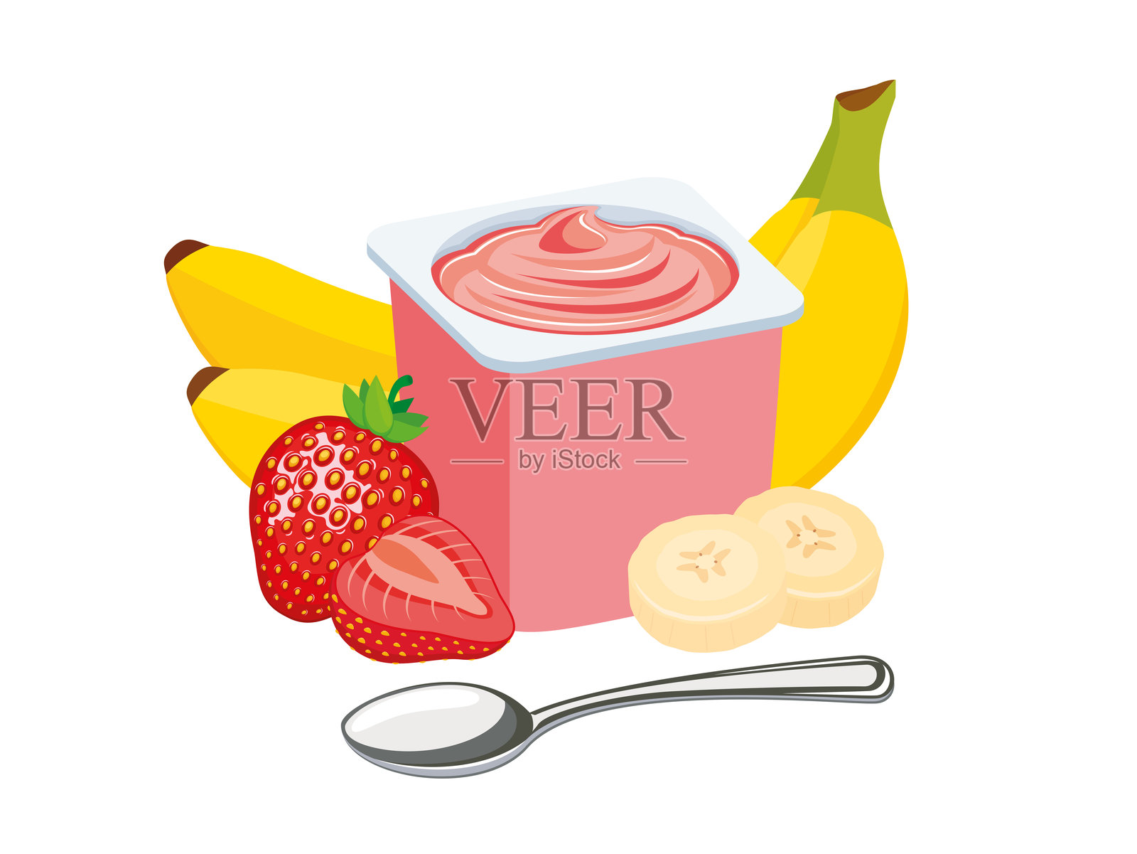 塑料杯和勺子里的香蕉草莓酸奶矢量插图。插画图片素材