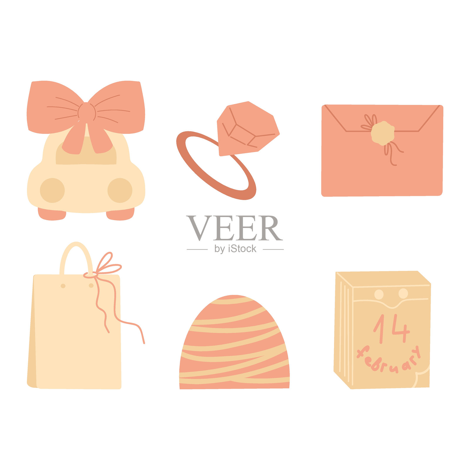 粉彩色剪贴画，节日剪贴画，带蝴蝶结的汽车，信封，蛋糕，钻石，系好的蝴蝶结。矢量插图插画图片素材