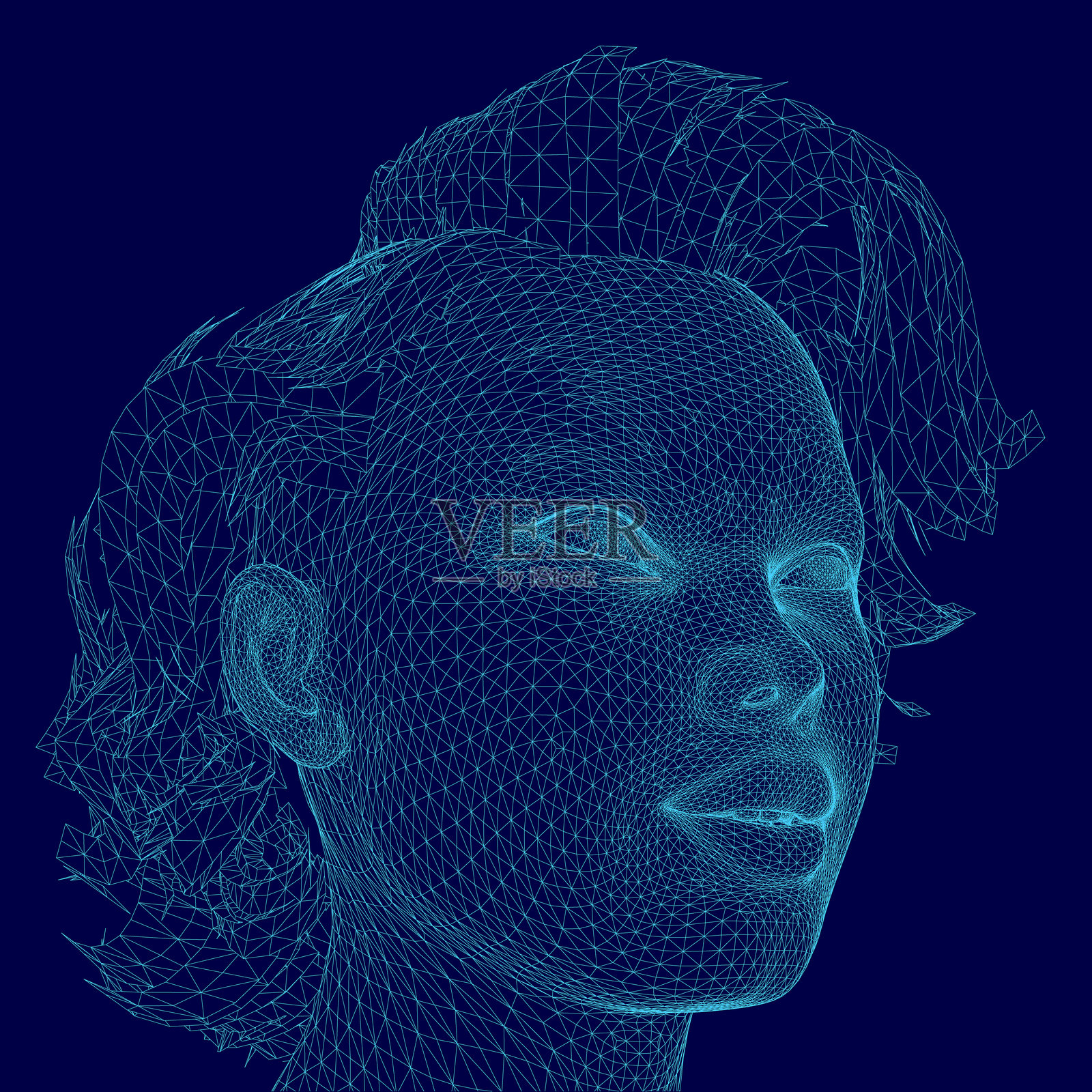 女性的面孔呈蓝色，面部由许多线条和点组成，呈现出三维效果。深度和复杂性的概念。插画图片素材
