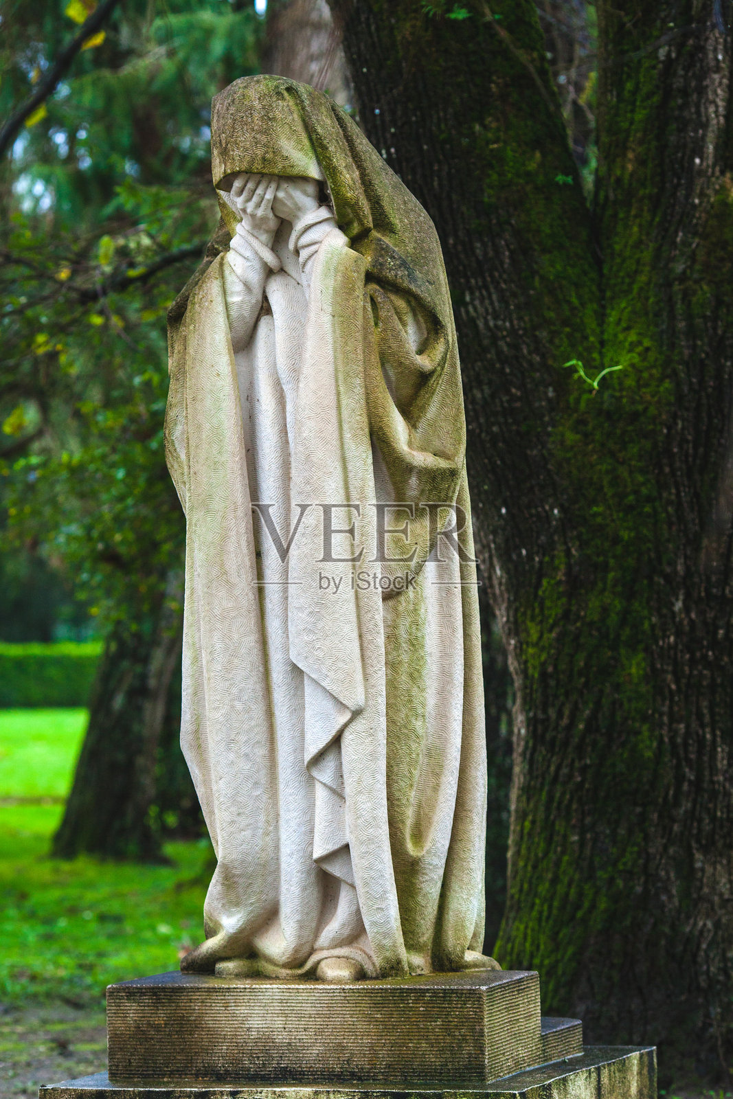 一座覆盖面纱的石雕人物在宁静的公园中矗立，周围环绕着郁郁葱葱的绿植和覆盖着苔藓的树木。照片摄影图片