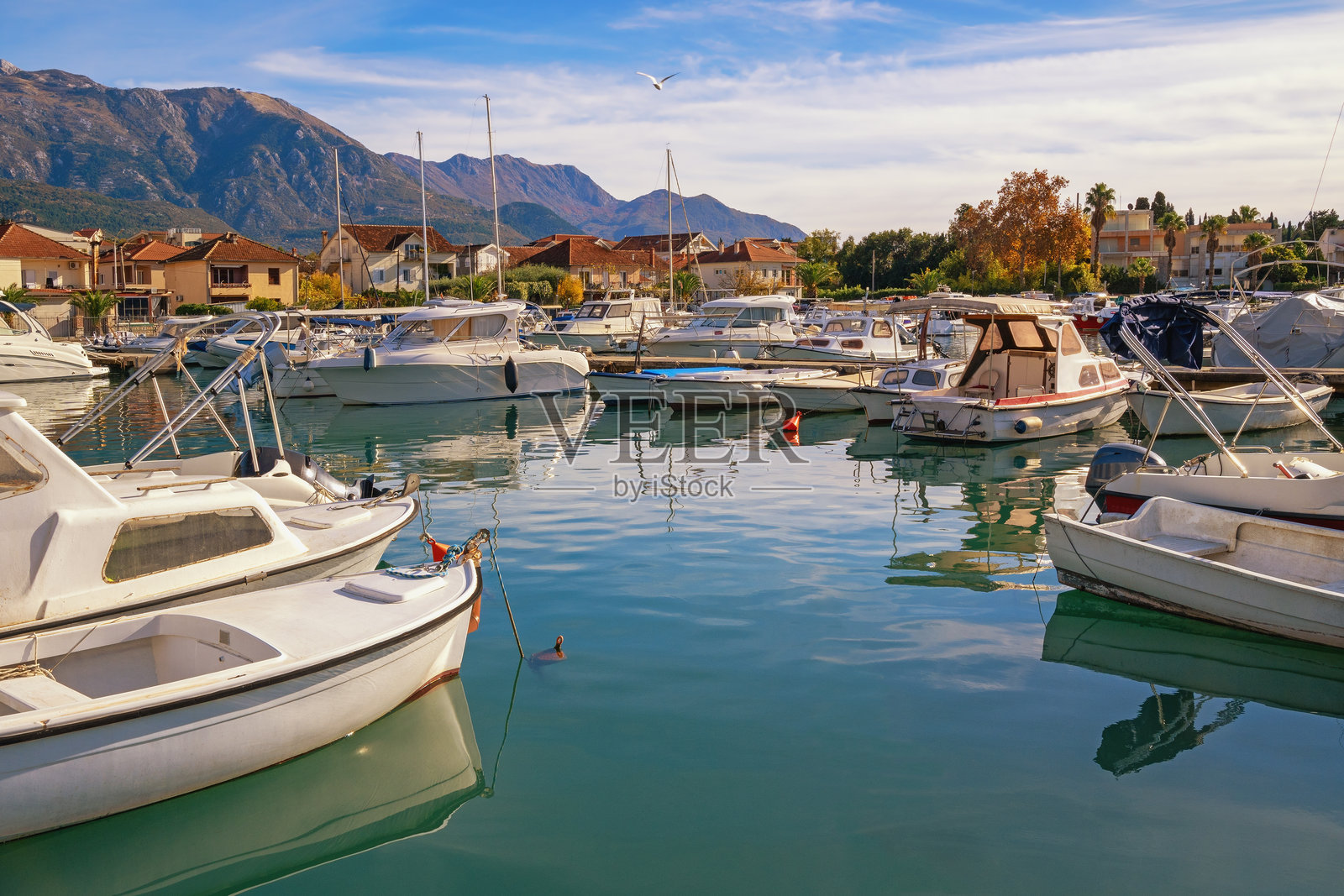 美丽的秋季地中海风景。黑山，蒂瓦特市。卡利曼港的渔船。照片摄影图片