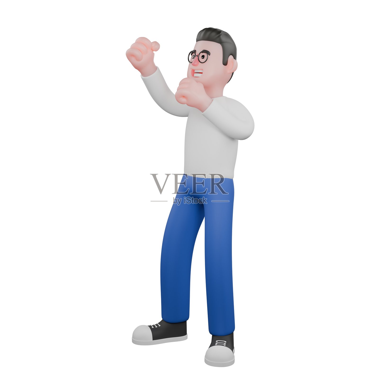 卡通风格的3D模型插图中的视频编辑。一个男性视频编辑面向右侧，双手举起并握紧，仰望着上方。设计角色。照片摄影图片