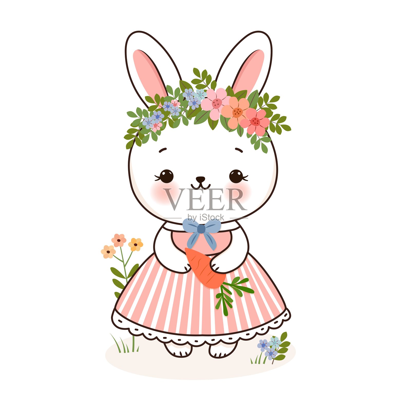 可爱的复活节兔女郎，围绕着胡萝卜的花环。手绘兔子，独立于白色背景。矢量插图。插画图片素材