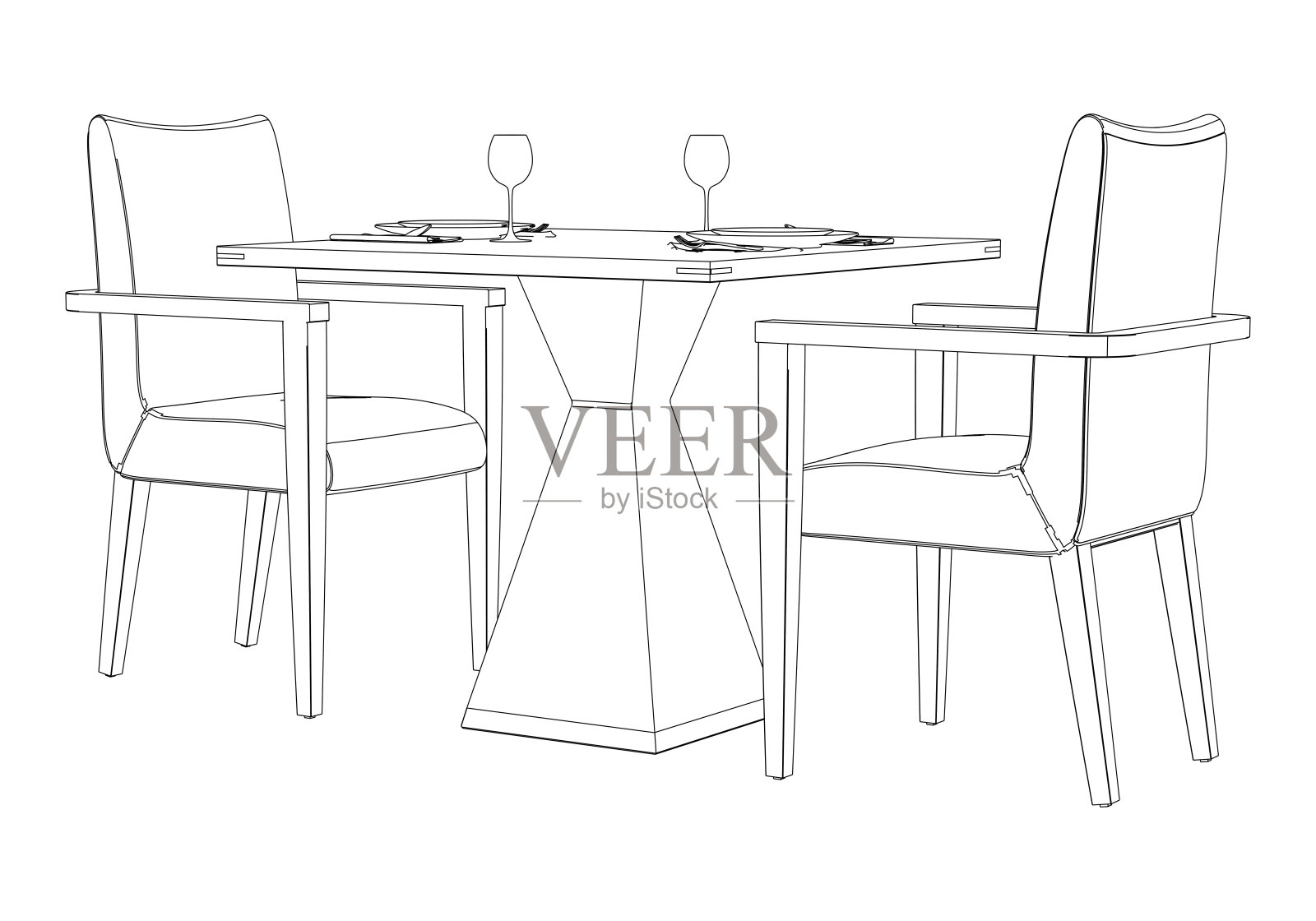 餐厅家具，时尚的餐桌和椅子套装手绘轮廓涂鸦图标。平面设计。适用于打印、移动图形和信息图表的矢量素描插图，背景为白色。插画图片素材