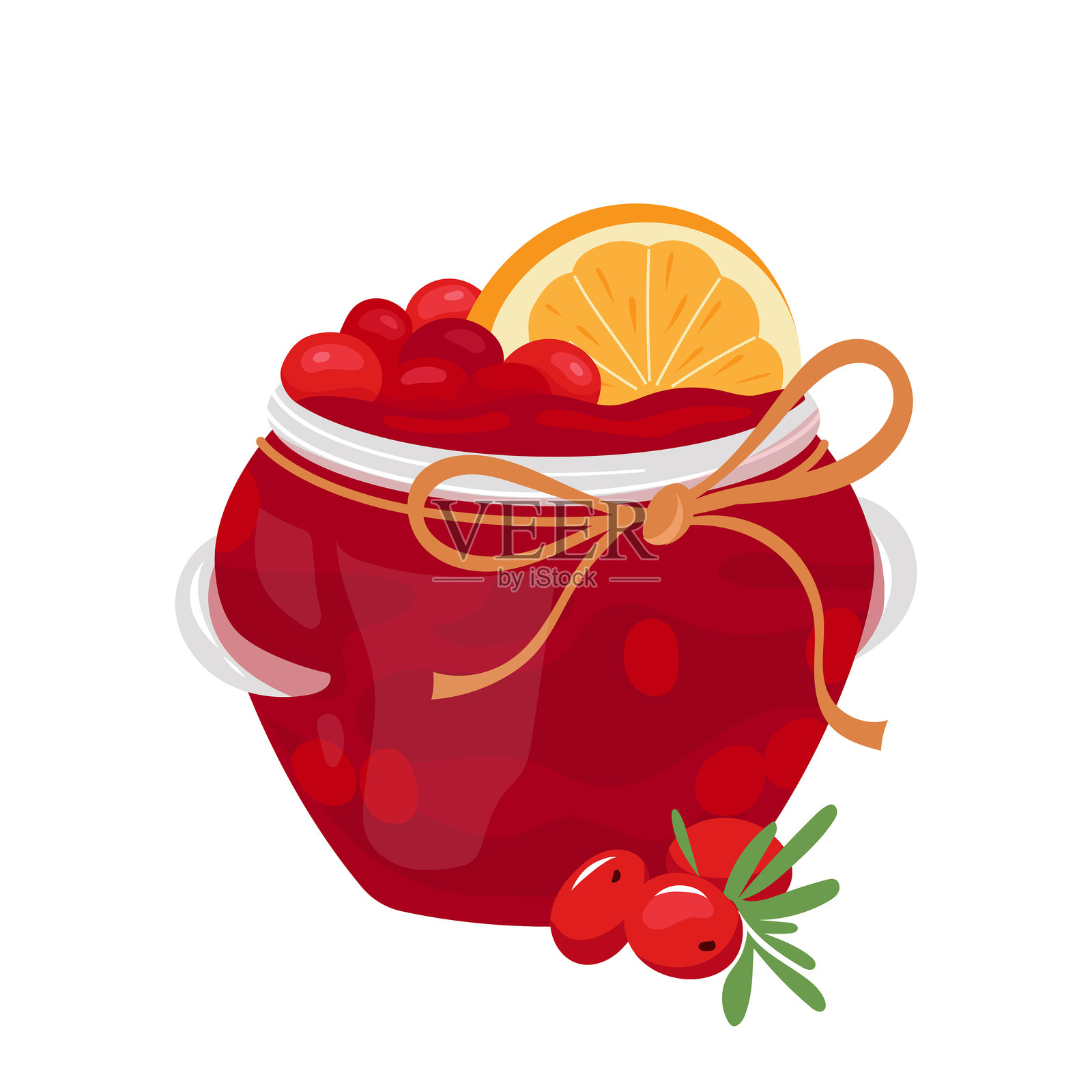 装饰着新鲜蔓越莓的玻璃罐中的蔓越莓果酱。甜美的蔓越莓果酱设计元素。自然产品的矢量插图，背景为白色。插画图片素材