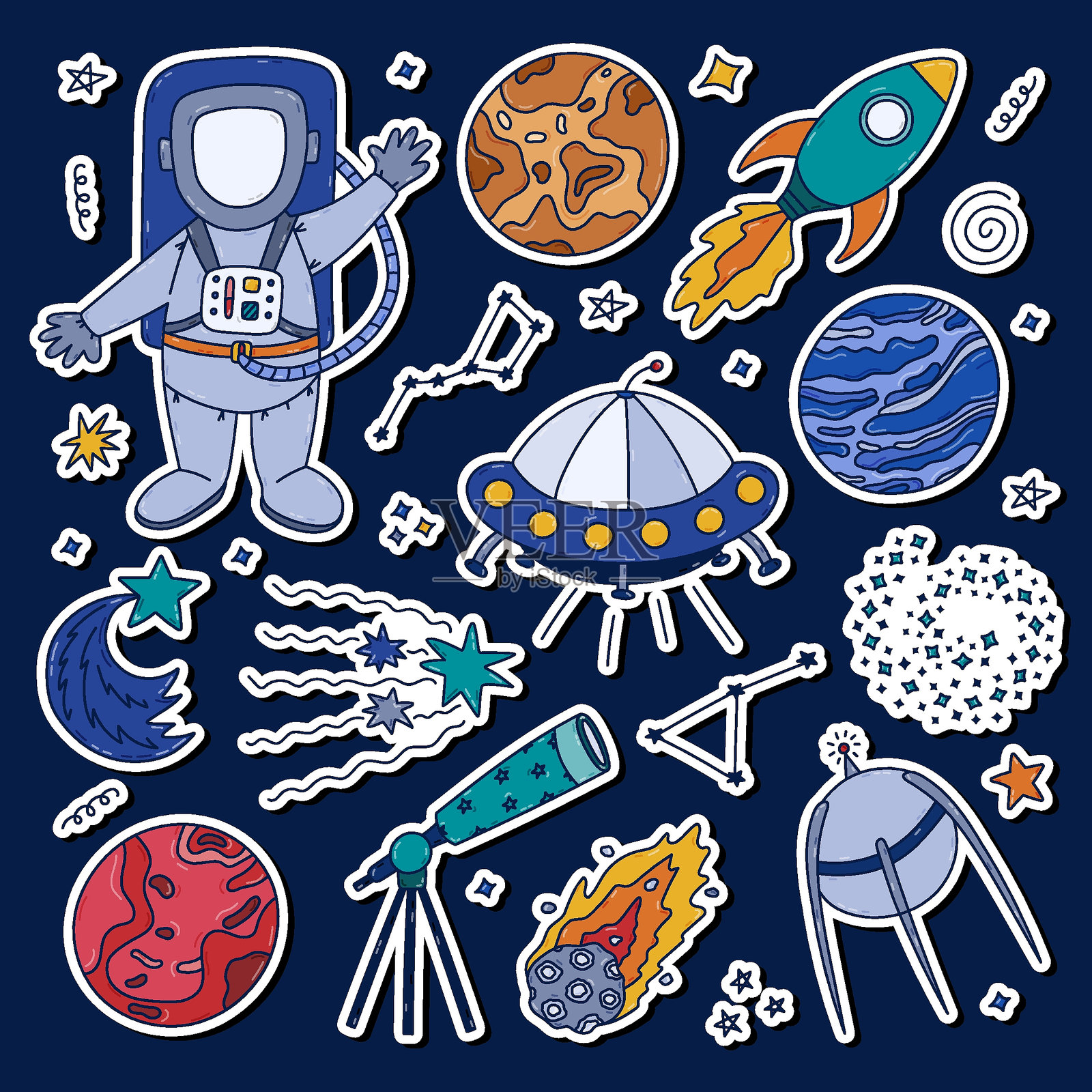 关于宇宙和天文学的多彩涂鸦贴纸套装，适用于计划本、笔记本和剪贴簿。准备打印的搞笑贴纸列表，包括宇航员、飞碟、卫星、星尘和太空喷气机的剪贴画。插画图片素材