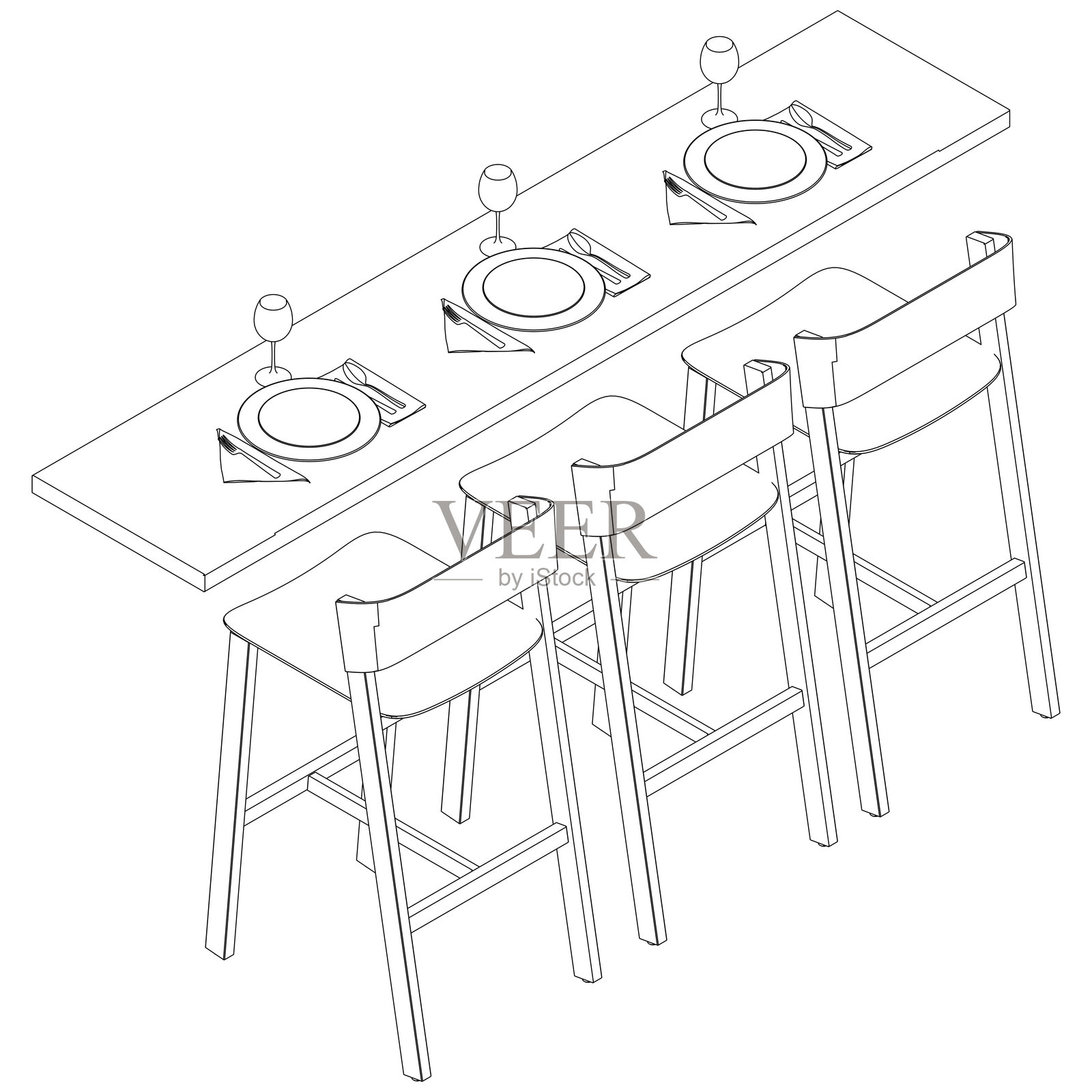餐厅家具，时尚的餐桌和椅子套装手绘轮廓涂鸦图标。平面设计。适用于打印、移动图形和信息图表的矢量素描插图，背景为白色。插画图片素材