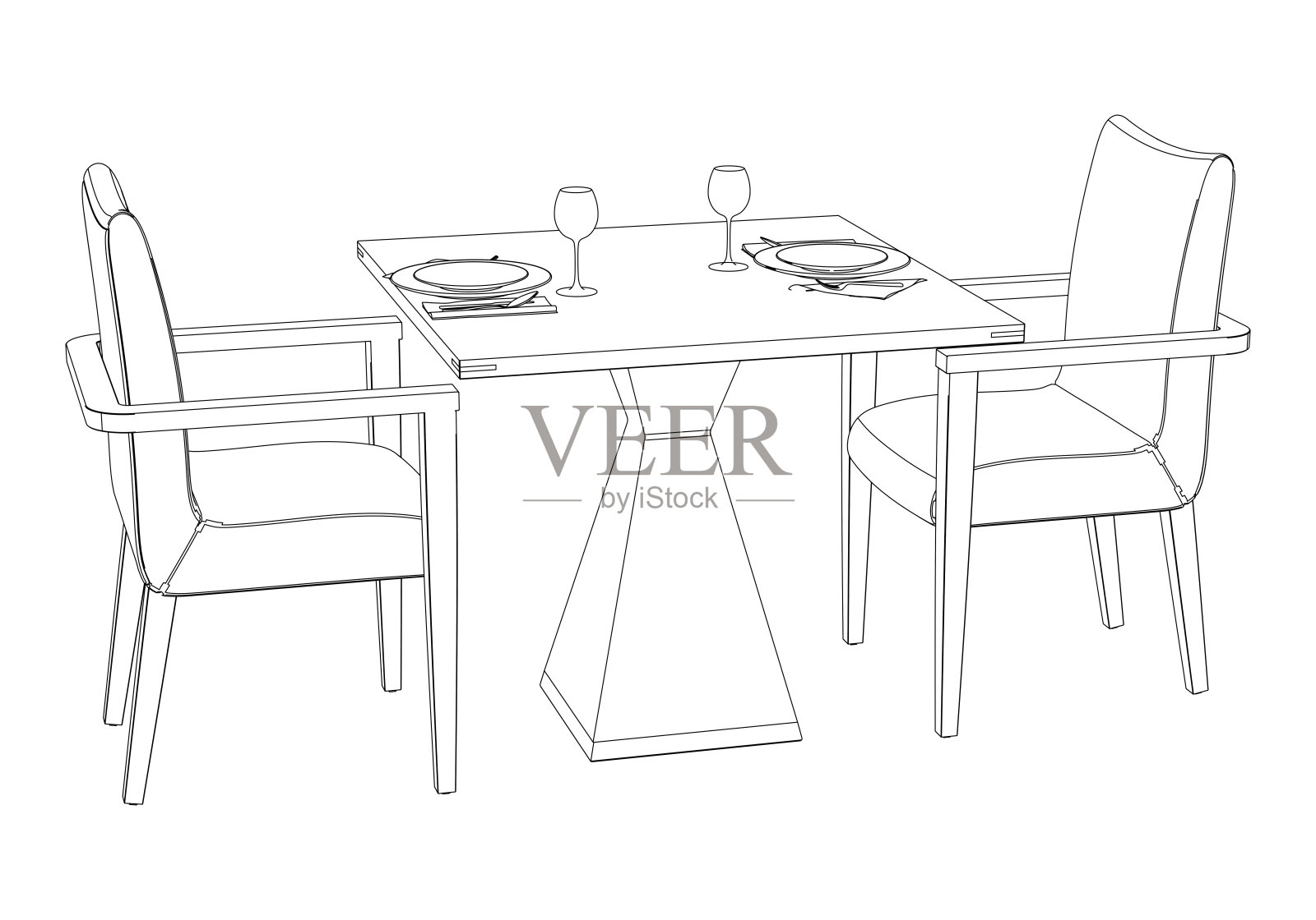 餐厅家具，时尚的餐桌和椅子套装手绘轮廓涂鸦图标。平面设计。适用于打印、移动图形和信息图表的矢量素描插图，背景为白色。插画图片素材
