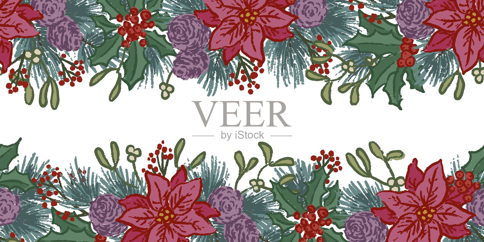 圣诞节矢量花卉横向排列，包含云杉、松果、一品红、槲寄生、冬青和红色浆果插画图片素材