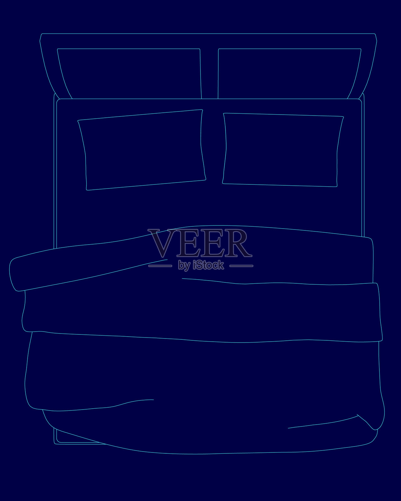 蓝色床单和枕头的床。床的轮廓是蓝色的。插画图片素材