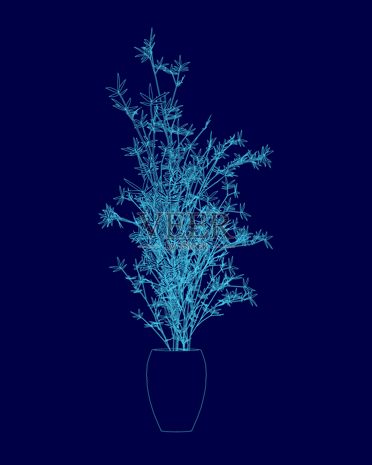 蓝色花瓶里插着一株植物。这株植物高大且有许多枝条。插画图片素材