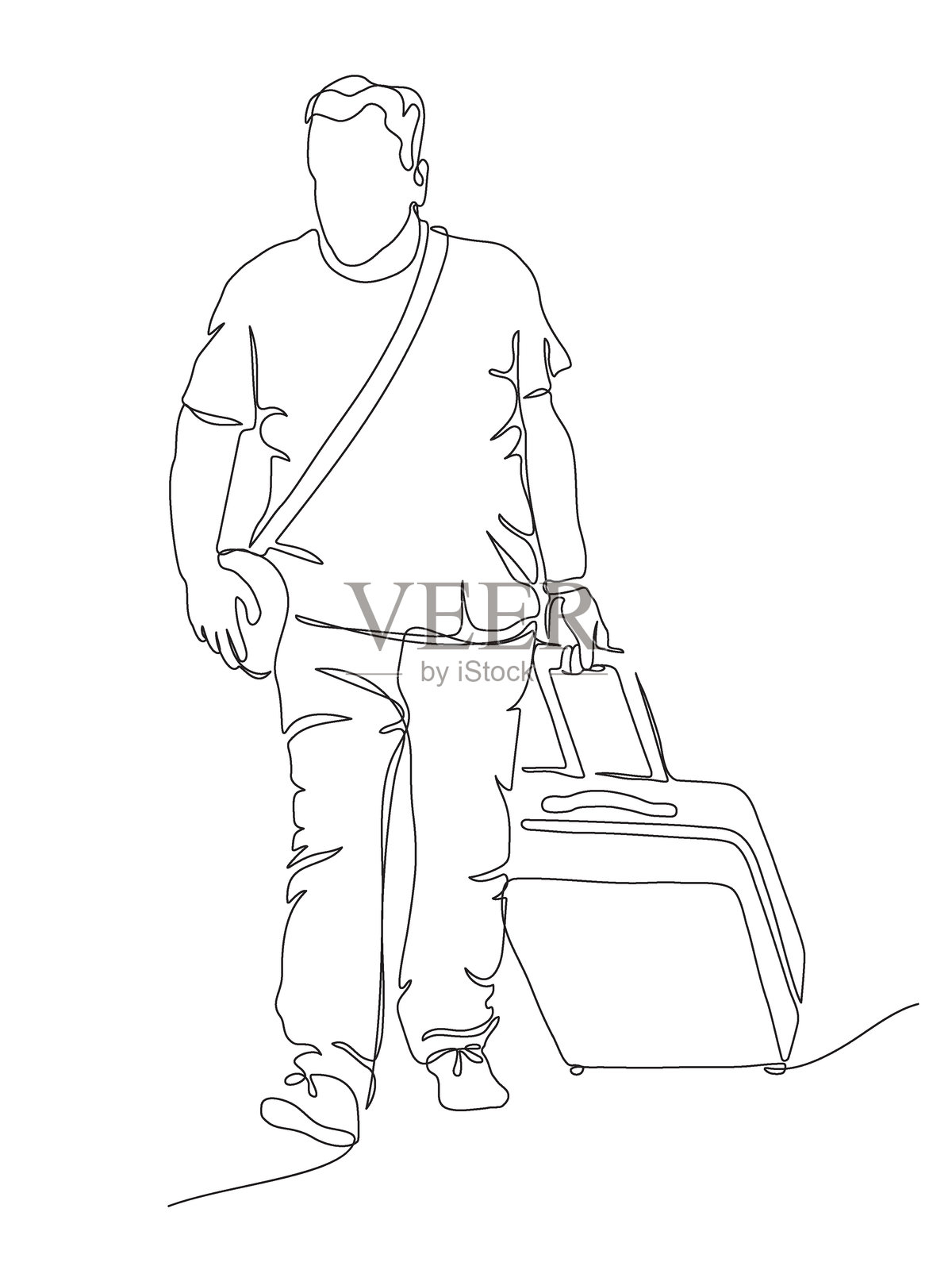 手提行李的男人在行走。连续线条绘画。黑白矢量插图，线条艺术风格。插画图片素材