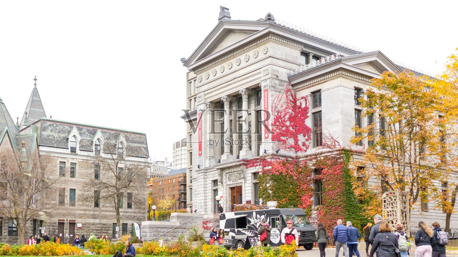 麦吉尔大学历史建筑的侧面外观，配有大型柱子和宏伟的楼梯。照片摄影图片