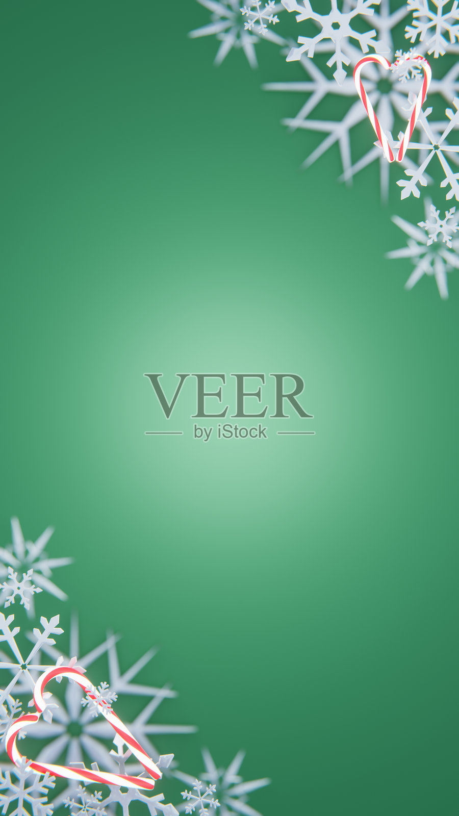 抽象的3D雪花糖果手杖垂直背景，节日快乐圣诞新年贺卡模型，季节性框架边界邀请空白空间剪切设计元素壁纸照片摄影图片