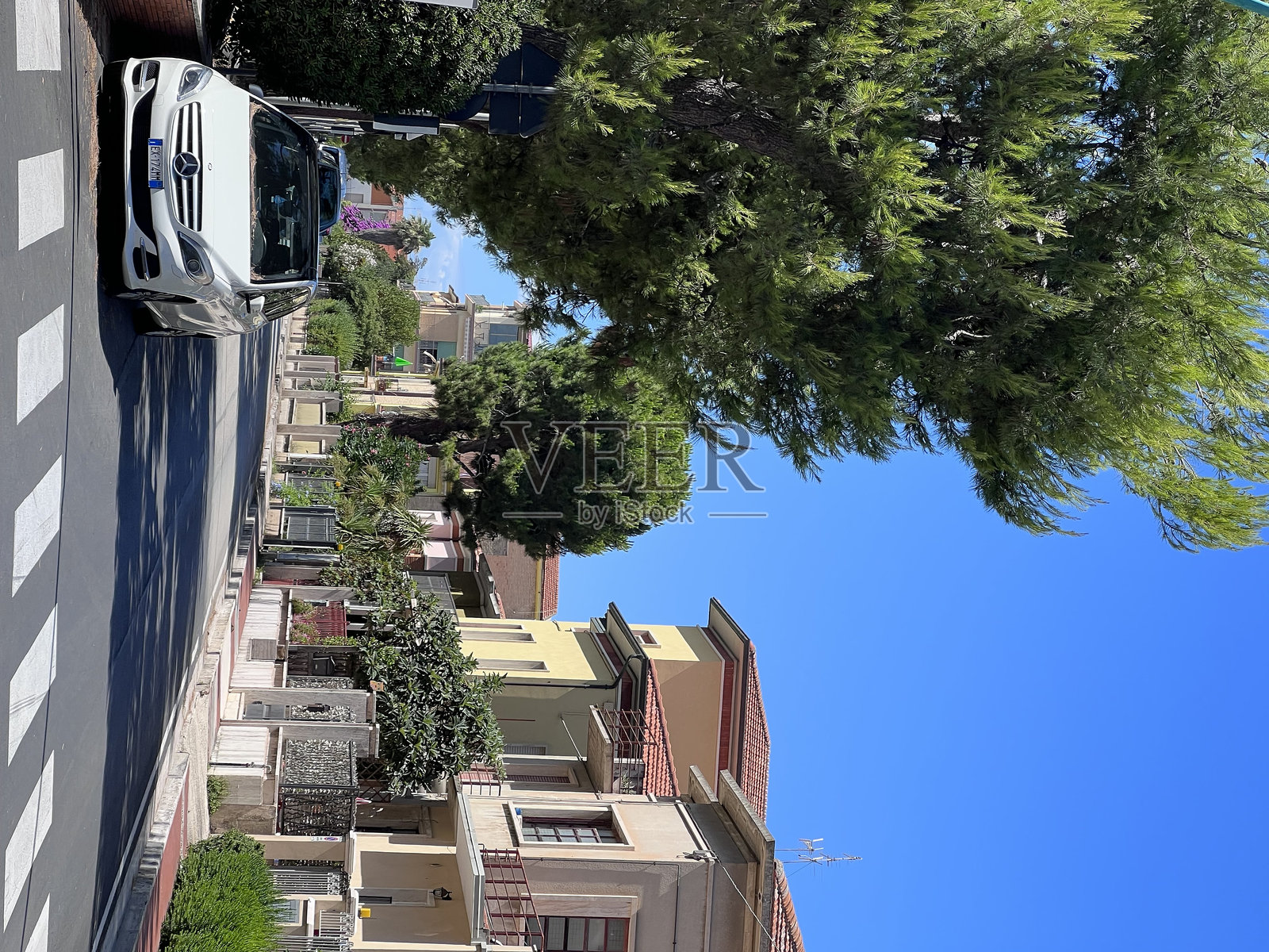 阳光明媚的郊区街景，停着一辆车，周围绿树成荫。照片摄影图片