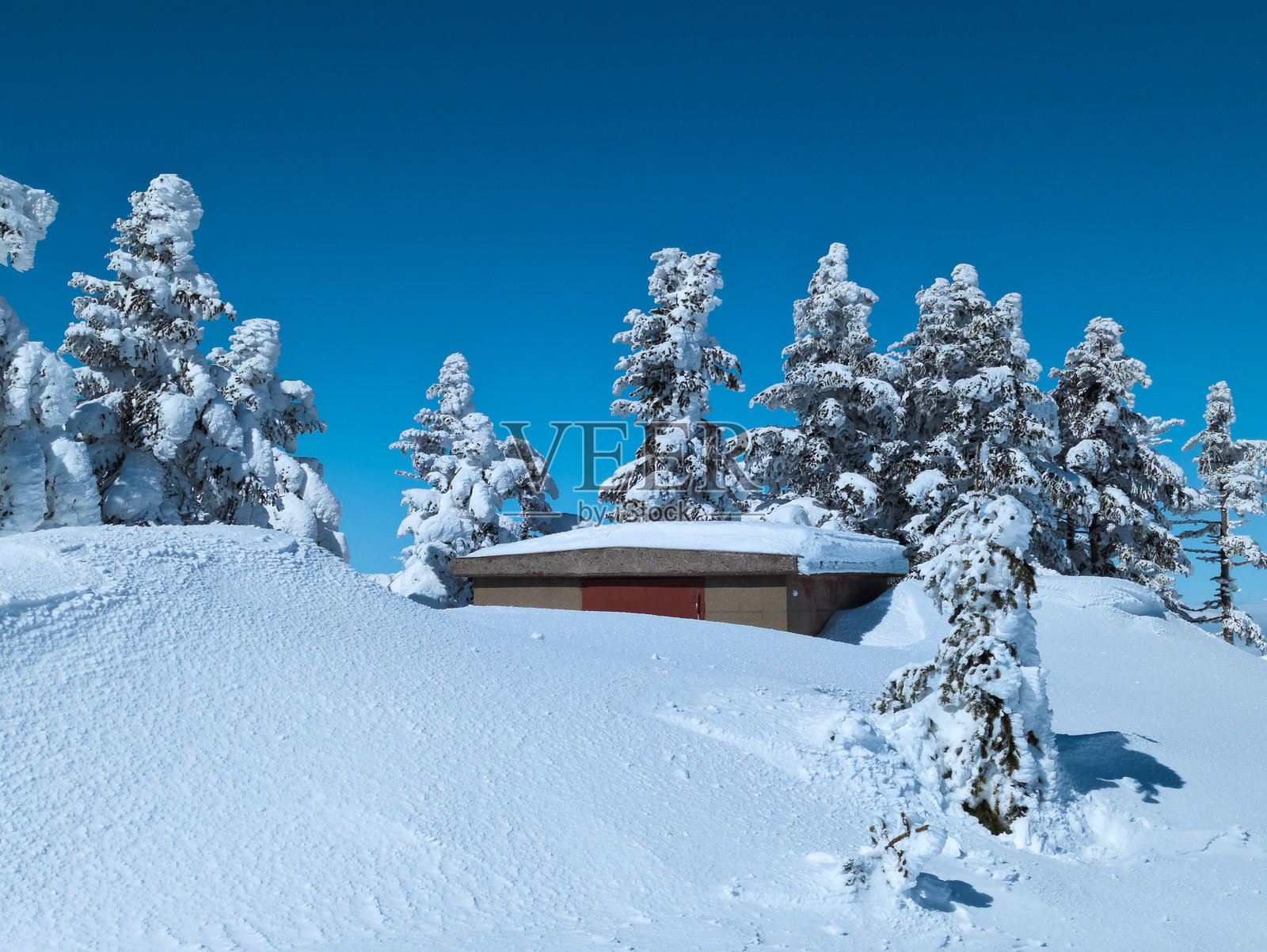 在晴朗的冬日，山间小屋几乎完全被深厚的飘雪埋没（日本横手山）照片摄影图片