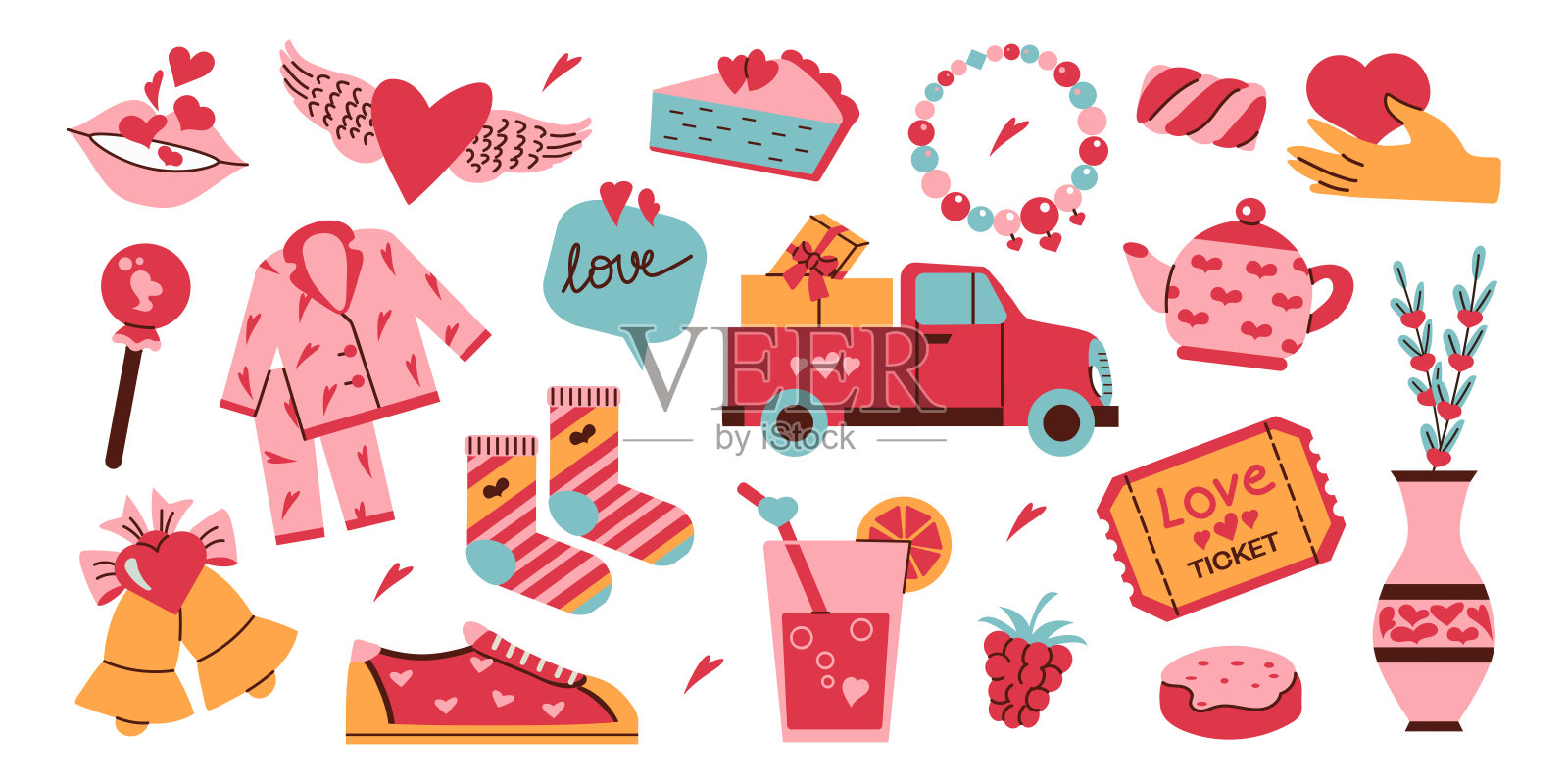 情人节元素符号贴纸套装合集。可爱的甜点和饮品，配饰，服装，礼物和设计。插画图片素材