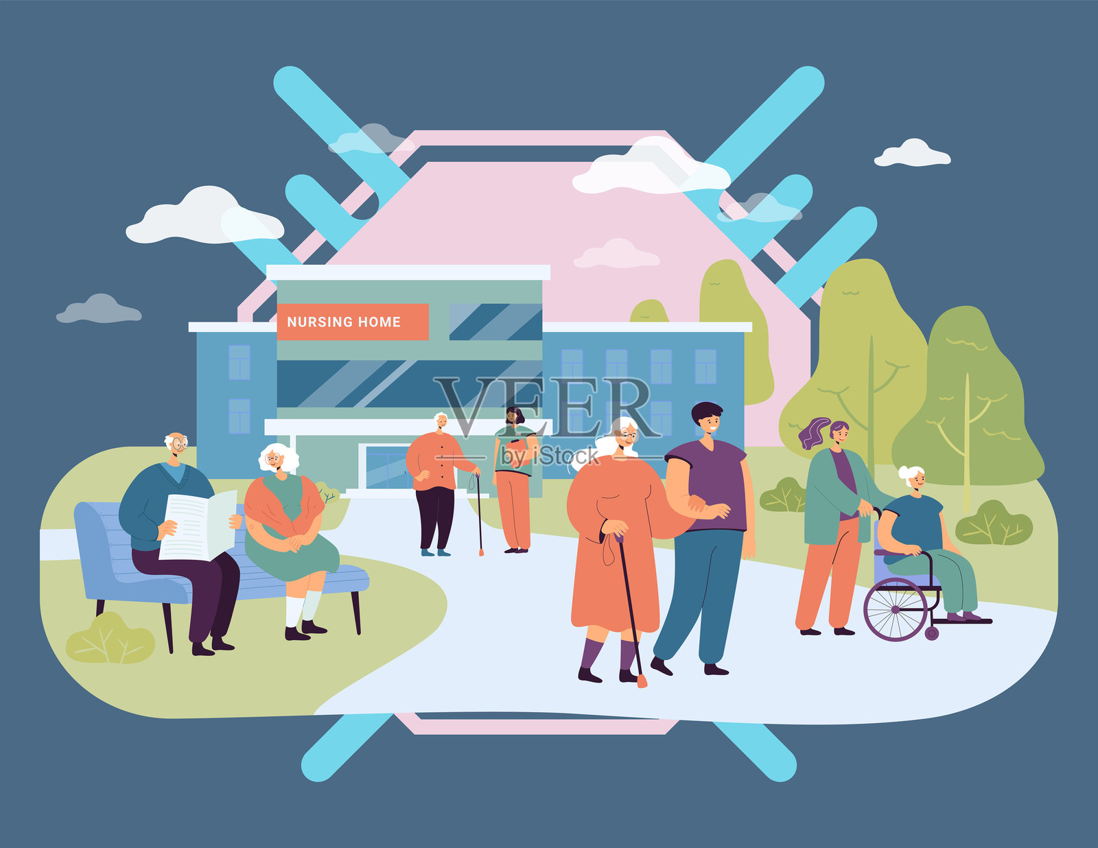 养老院建筑与探访的老年人插画图片素材