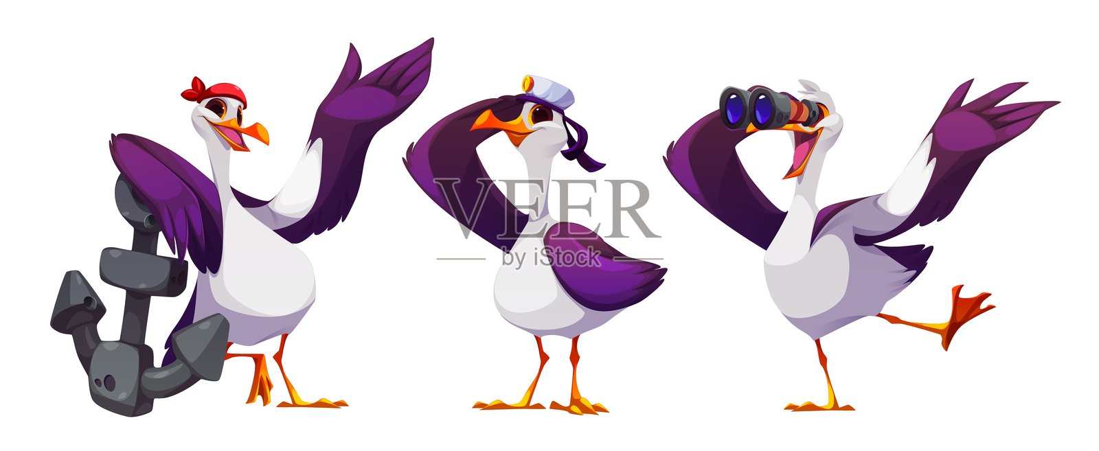 可爱的海鸥角色以不同姿势展示插画图片素材