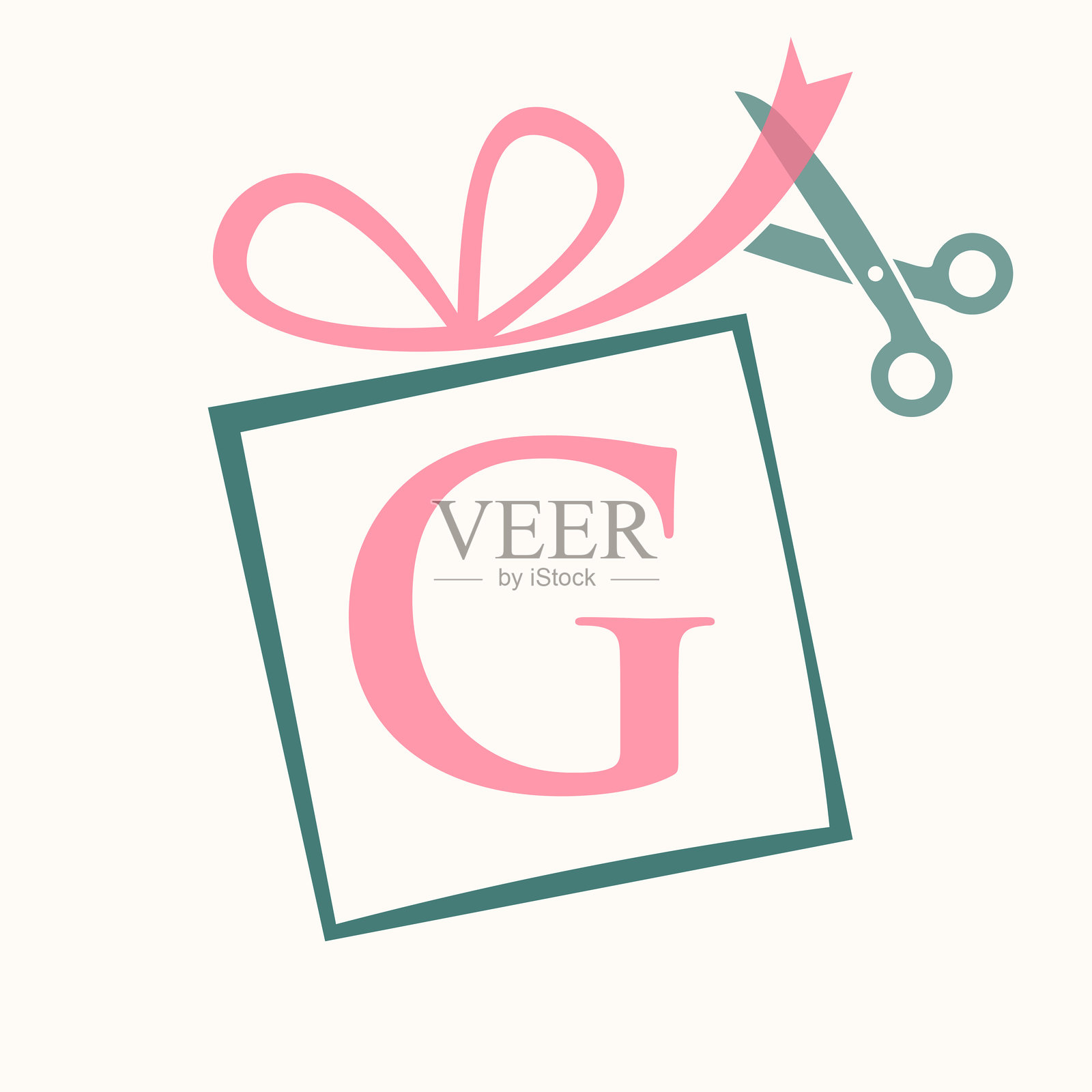 带有丝带和剪刀符号的字母G礼品盒logo设计概念，适用于婚礼和生日礼物标志插画图片素材