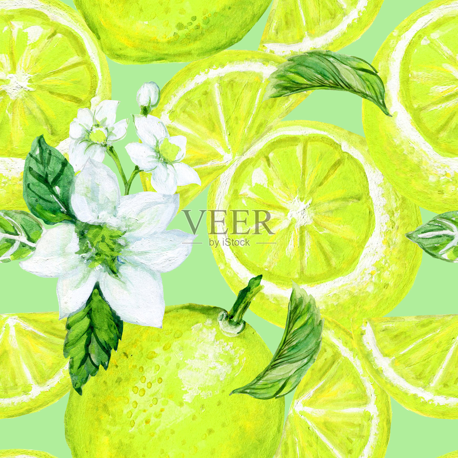 水彩丙烯柠檬酸爽新鲜花朵叶子森林夏季花束无缝图案插画图片素材