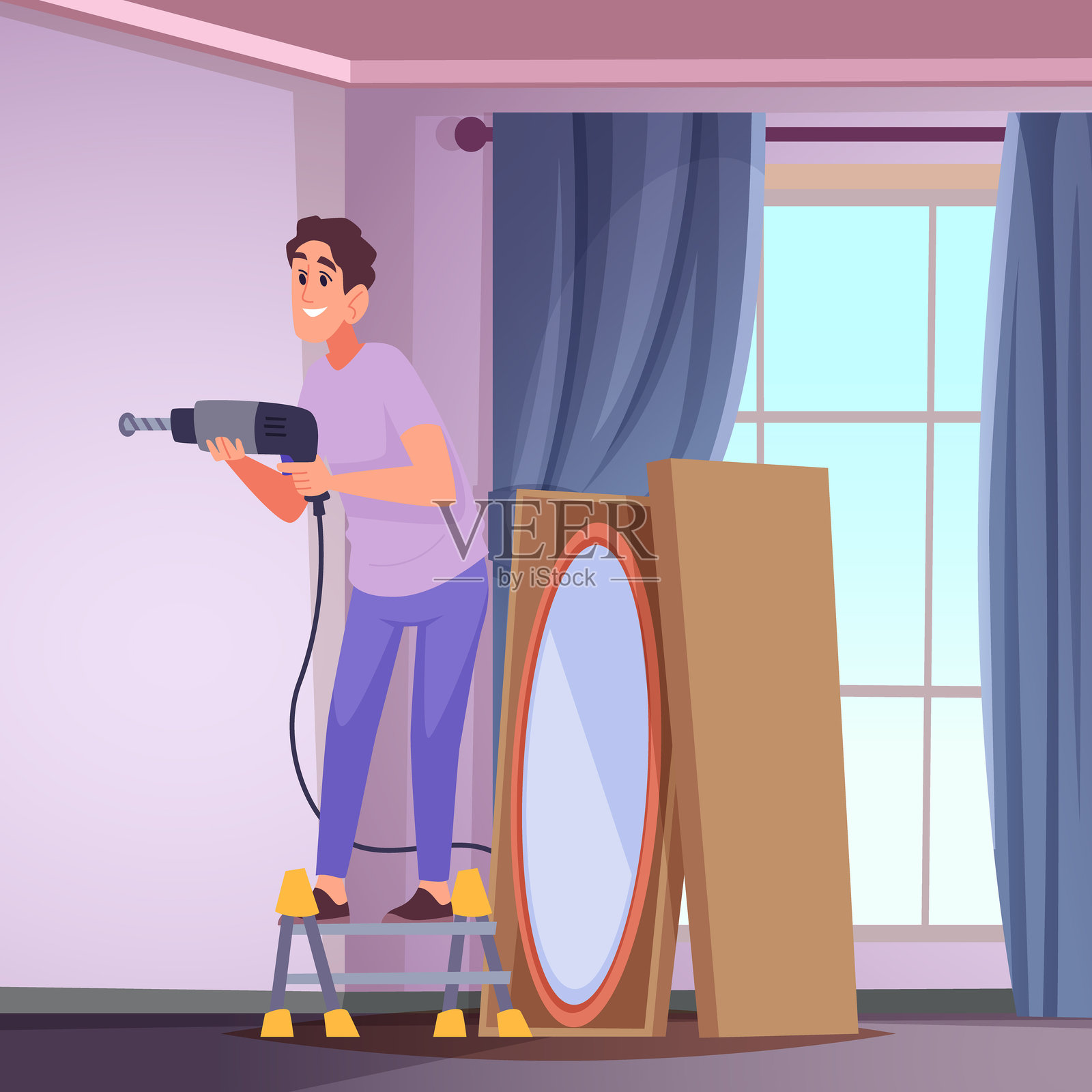 室内翻新。男子在墙上安装大圆镜，背景为客厅矢量图。插画图片素材