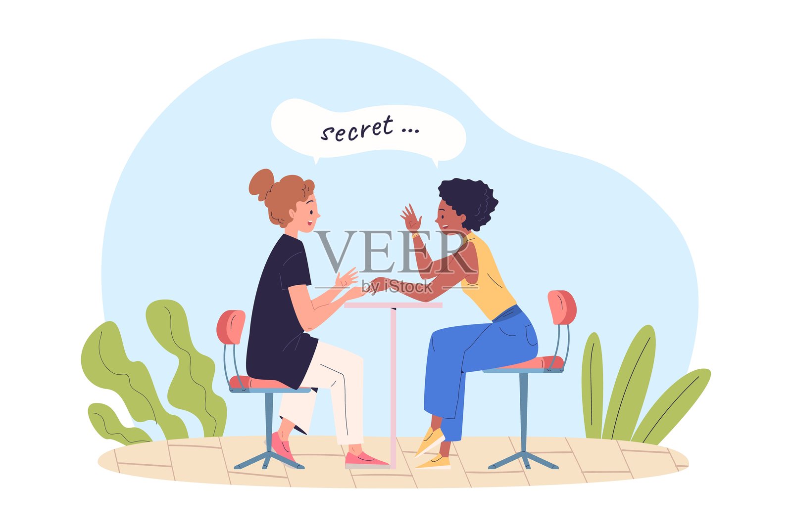 女性秘密。女性顾客在美甲店听八卦新闻，女性友谊谈论秘密的对话，美容院消费者交流保密聊天的矢量插图。插画图片素材
