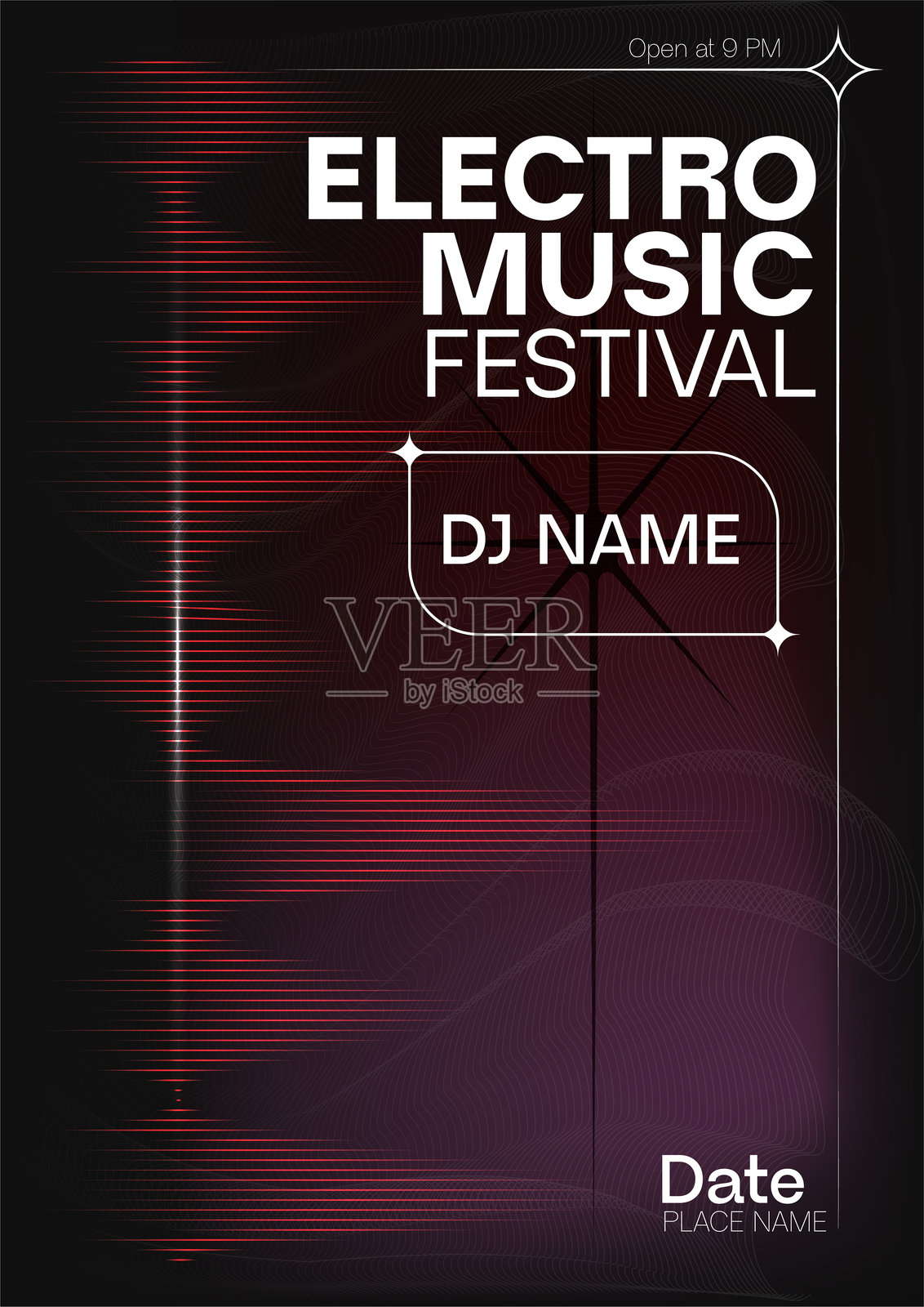 电子音乐节海报，现代红黑渐变设计，动态波浪元素，带可编辑文本占位符。非常适合宣传电子音乐活动。插画图片素材