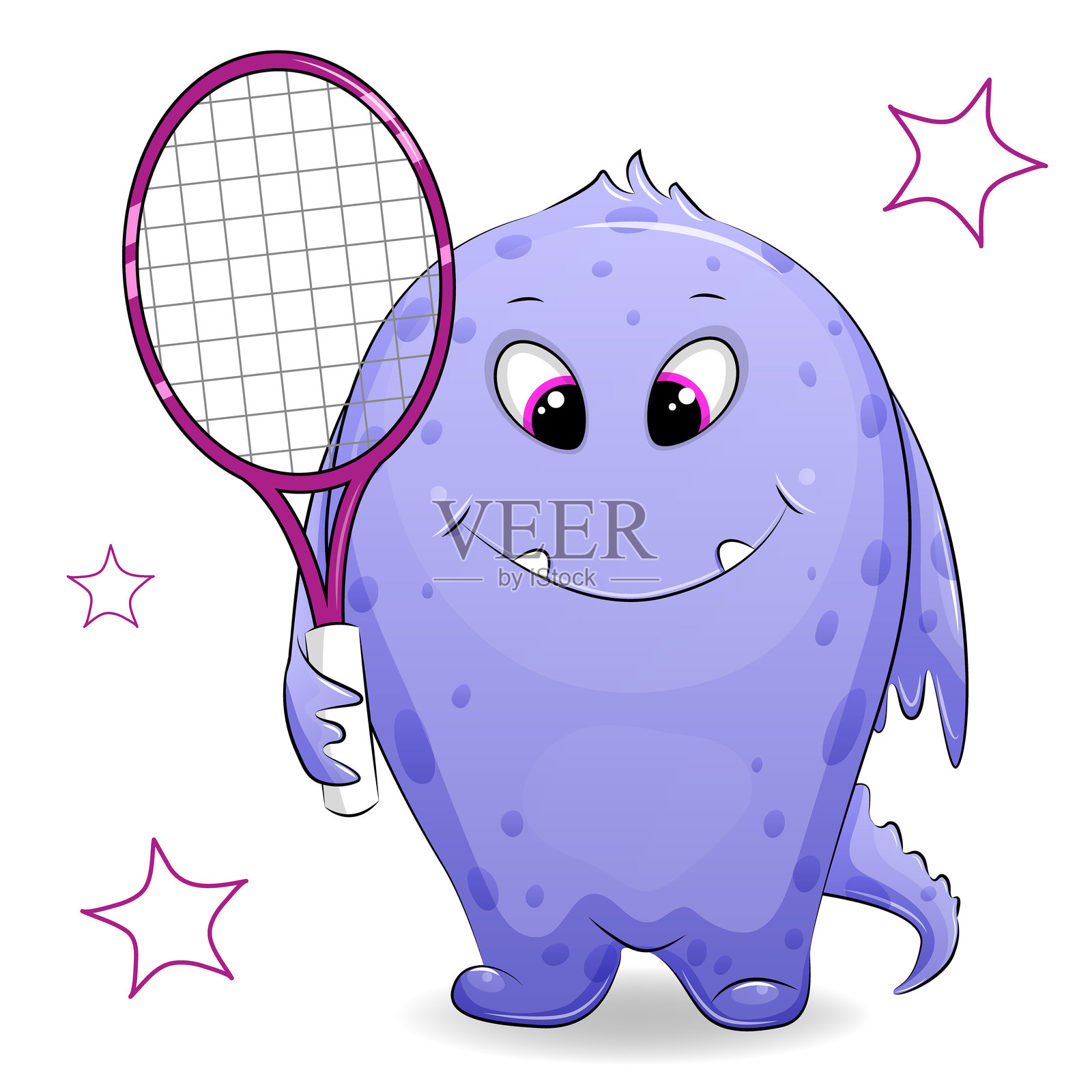 可爱的卡通怪兽网球运动员手持网球拍。插画图片素材