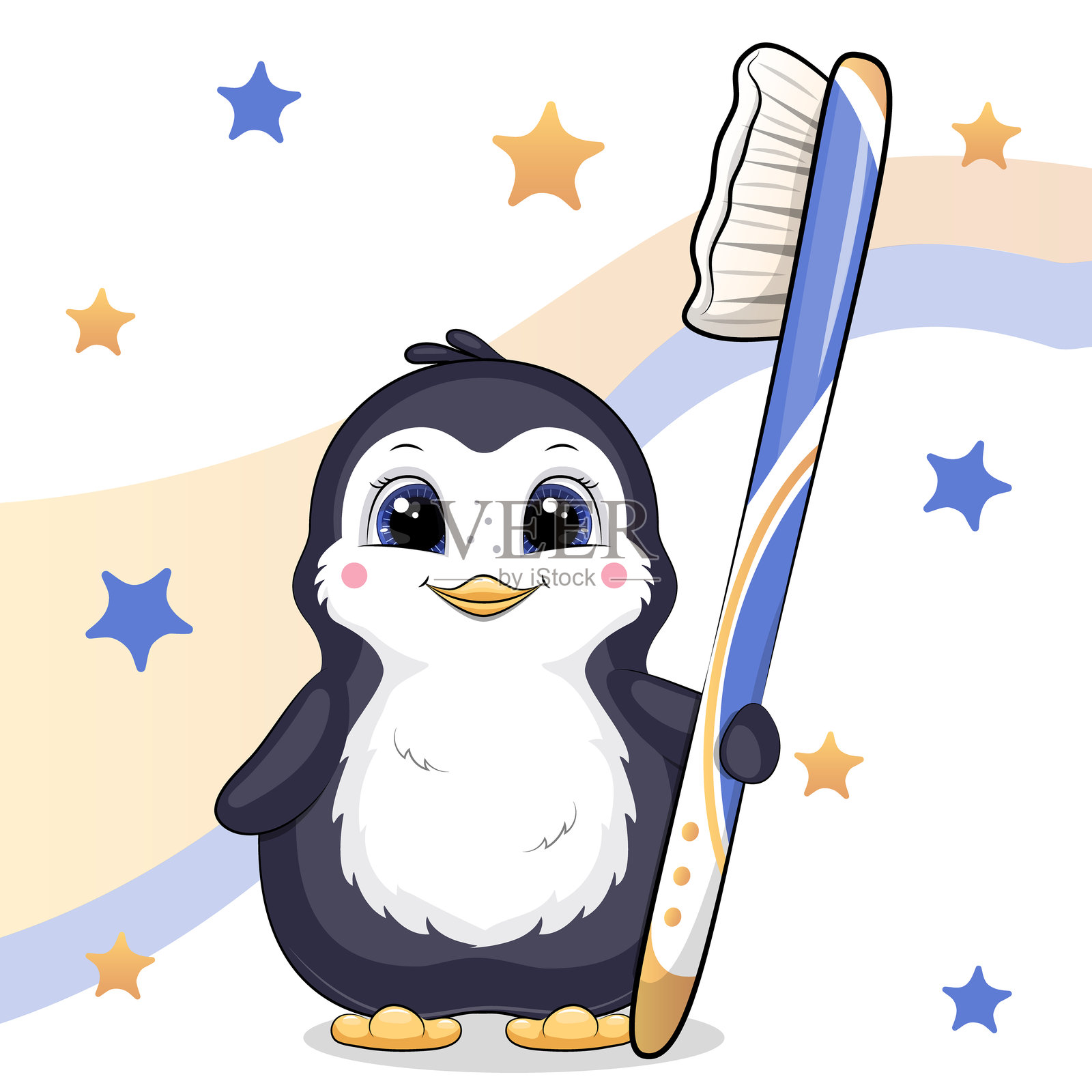 一只可爱的卡通企鹅，手里拿着一把大牙刷。插画图片素材