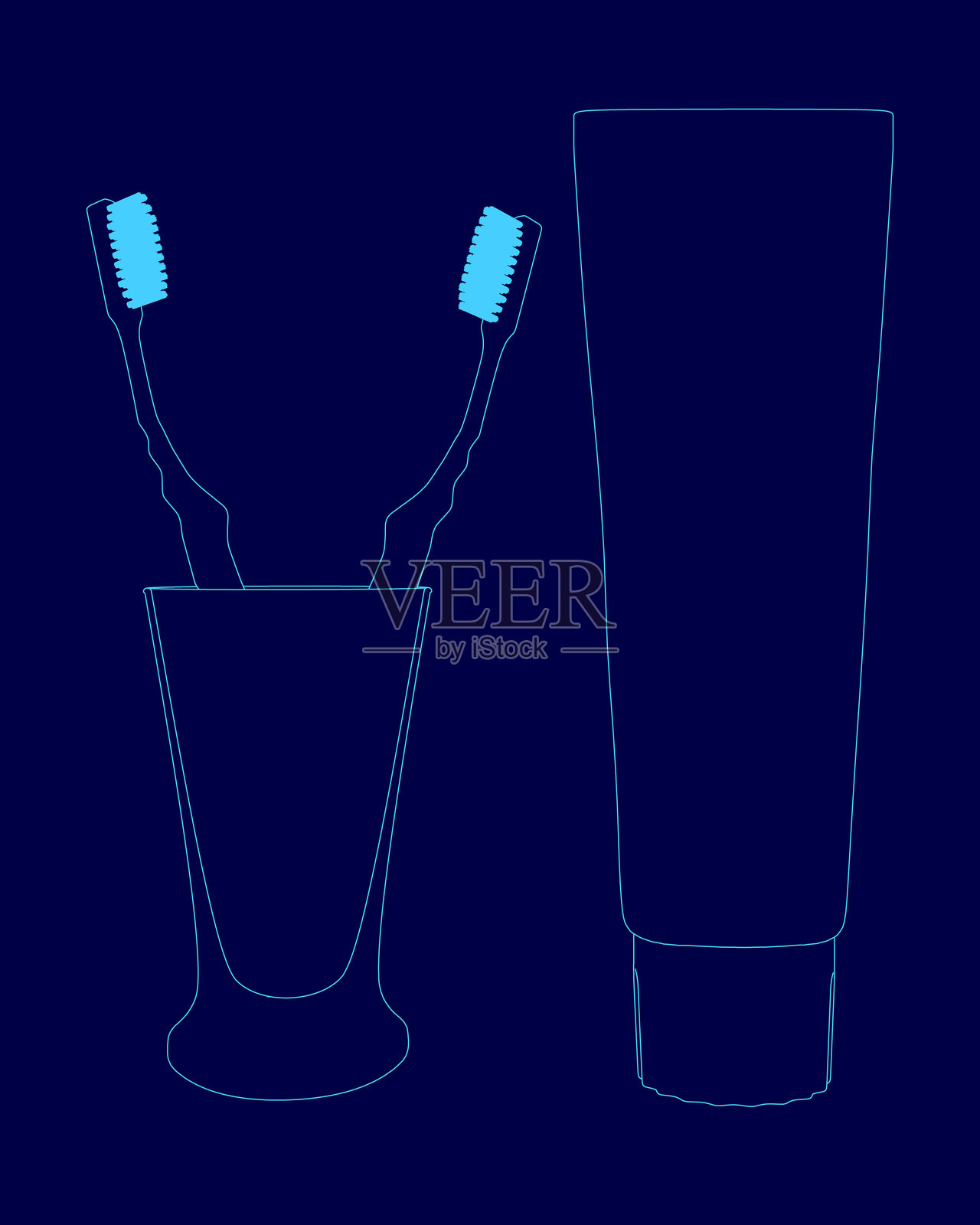 蓝色背景下展示了一把牙刷和一管牙膏。牙刷放在杯子里，牙膏管放在旁边。强调口腔卫生和定期刷牙的重要性。插画图片素材