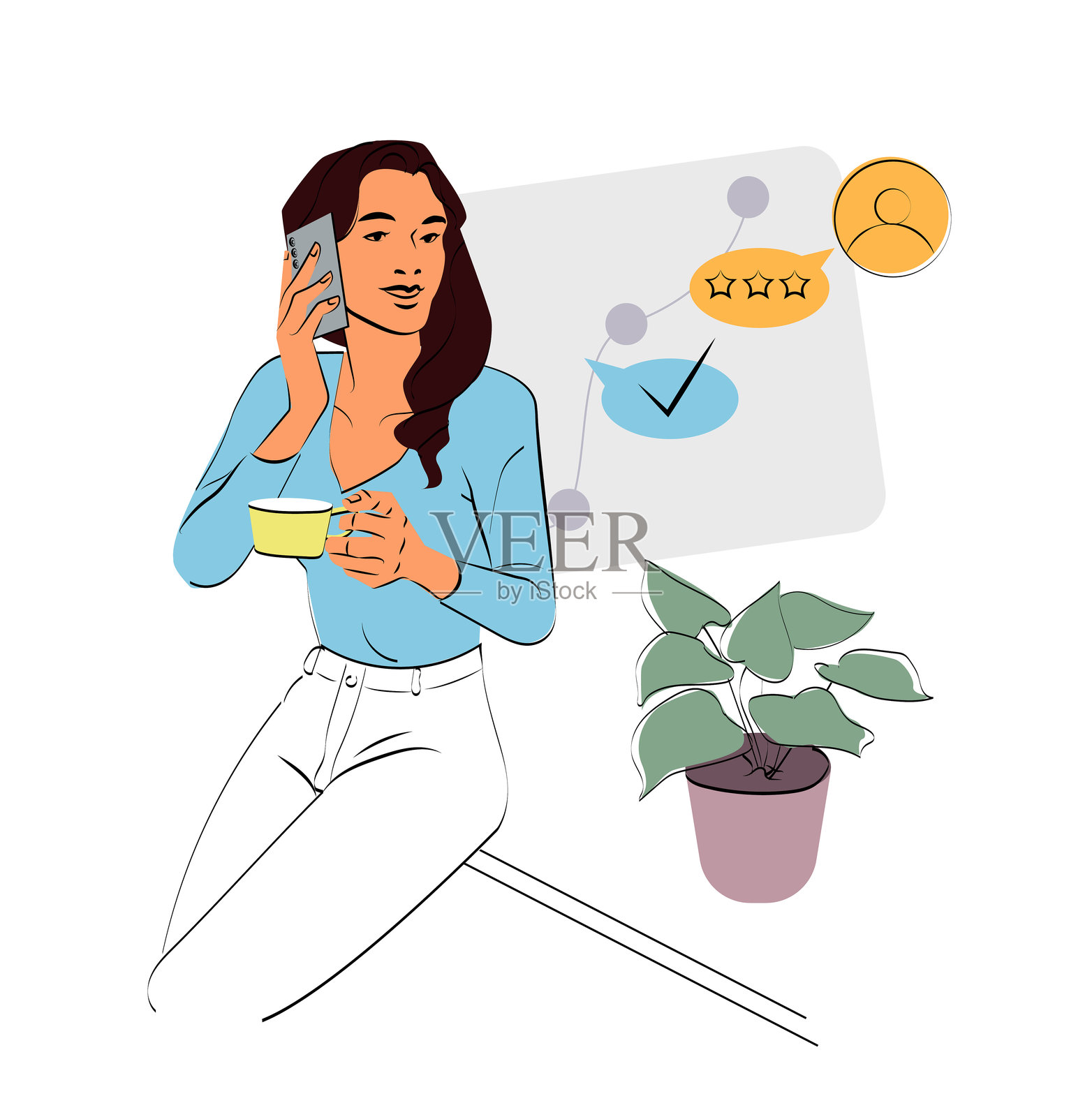一位女性一边拿着杯子一边在智能手机上通话，背景中有抽象图标。干净的线条艺术风格，适合沟通和多任务主题。平面矢量插图插画图片素材