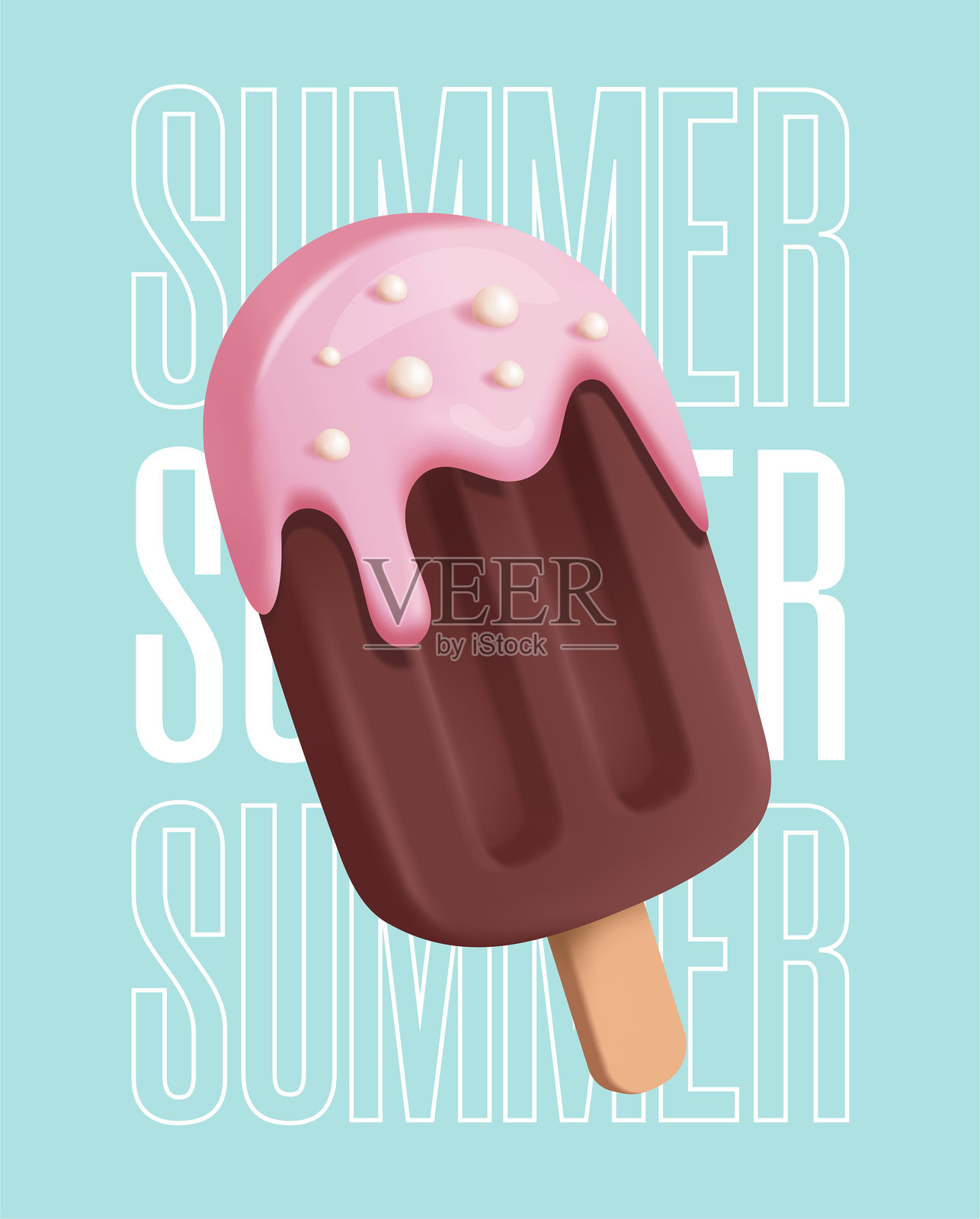 蓝色夏季主题背景上的巧克力冰棍，配有粉色糖霜和撒上糖果，适合甜点、夏季和食品相关设计。柔和的3D矢量插图。插画图片素材