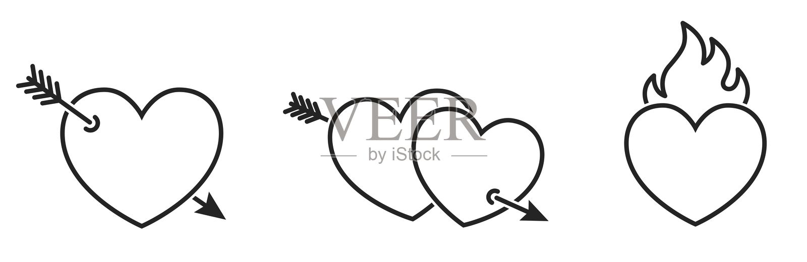 带箭头的心形和火焰心形线条图标。爱情和浪漫的象征。情人节设计的矢量元素。插画图片素材
