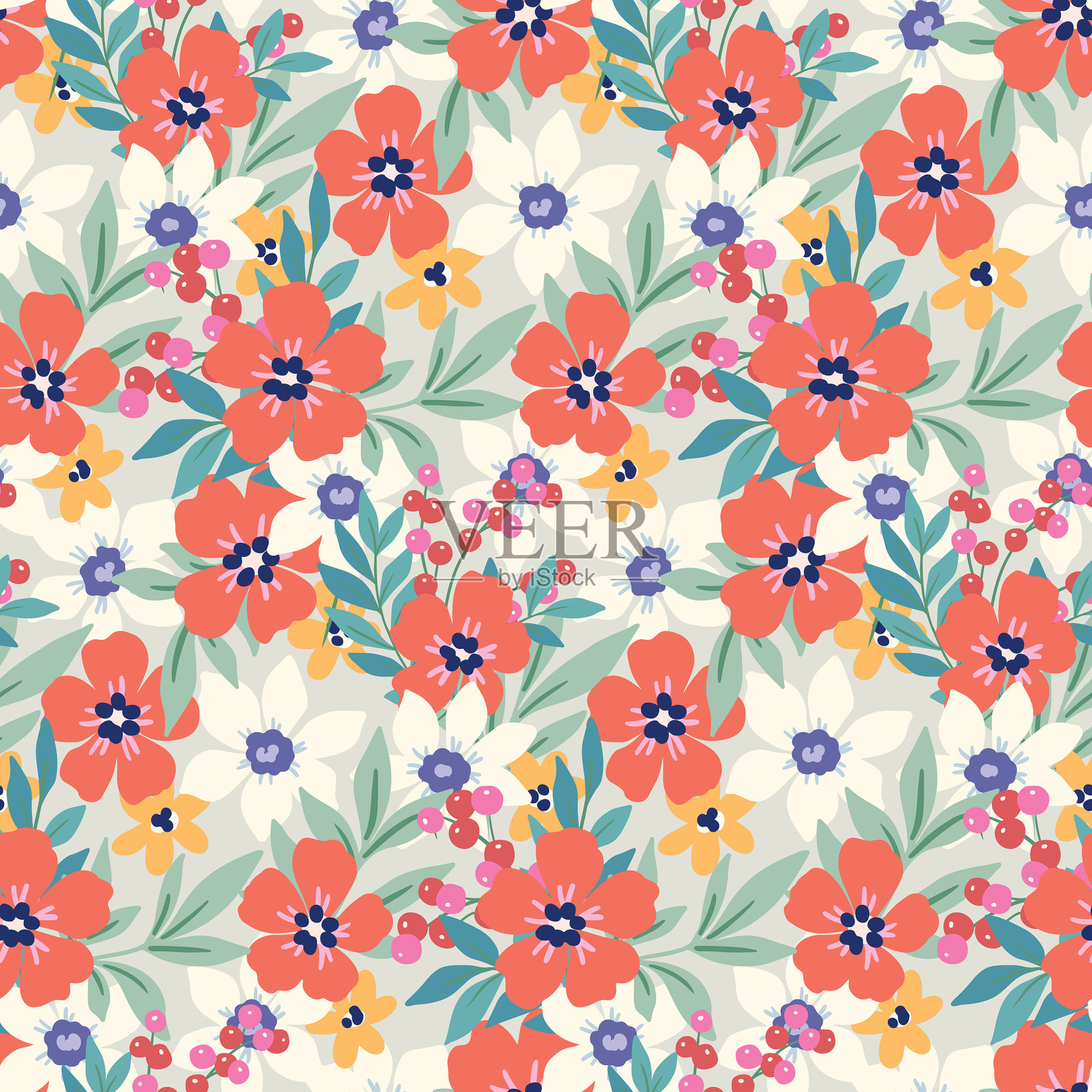 无缝花卉图案，自由小花印花，夏季植物设计，简单的小植物，微小的绿色叶子，郁郁葱葱的叶子。矢量插图。插画图片素材