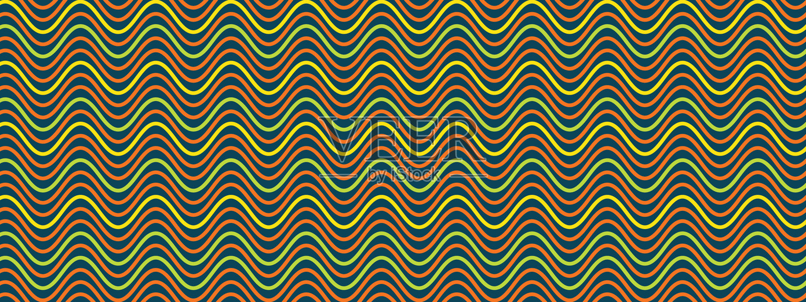 彩色波浪线的抽象背景。弯曲的水平迷幻条纹。运动和流动的视觉错觉。深色背景上的复古矢量插图，采用橙色、绿色和黄色。插画图片素材