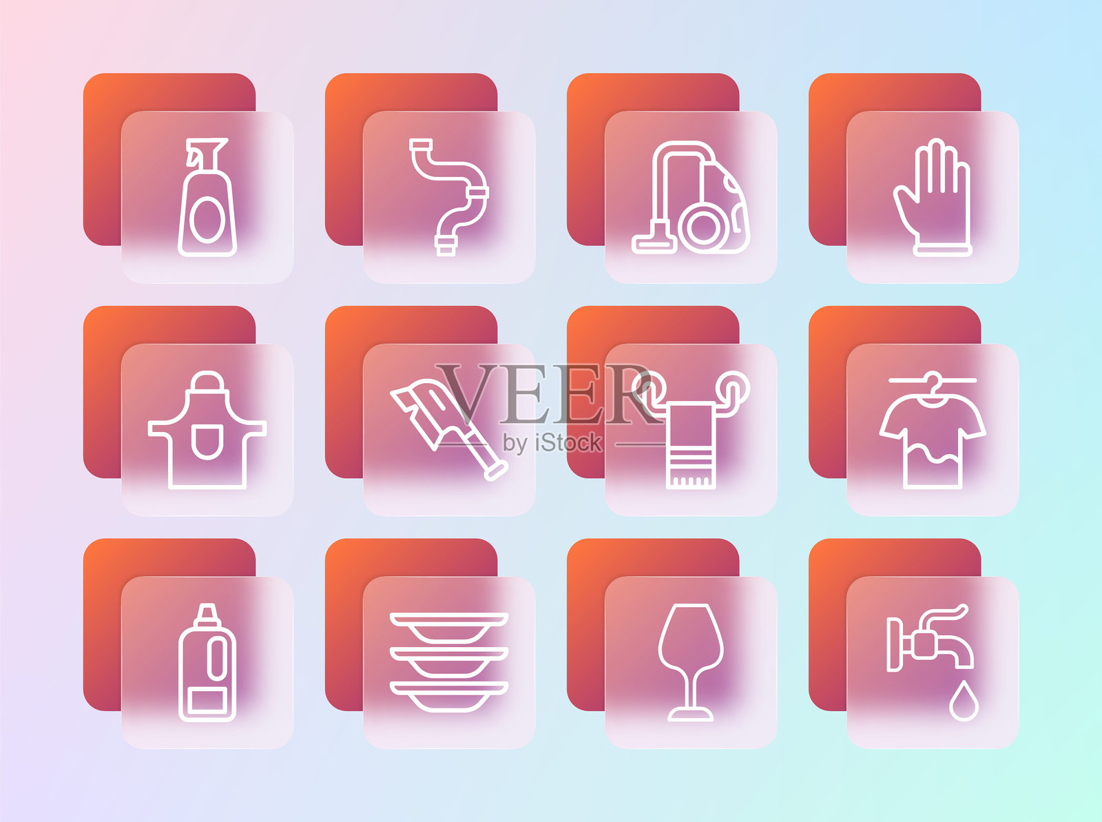 橡胶手套、洗碗、挂架上的毛巾、酒杯、清洁刷、吸尘器、带清洁剂的喷雾清洁剂和工业金属管图标。矢量图。插画图片素材