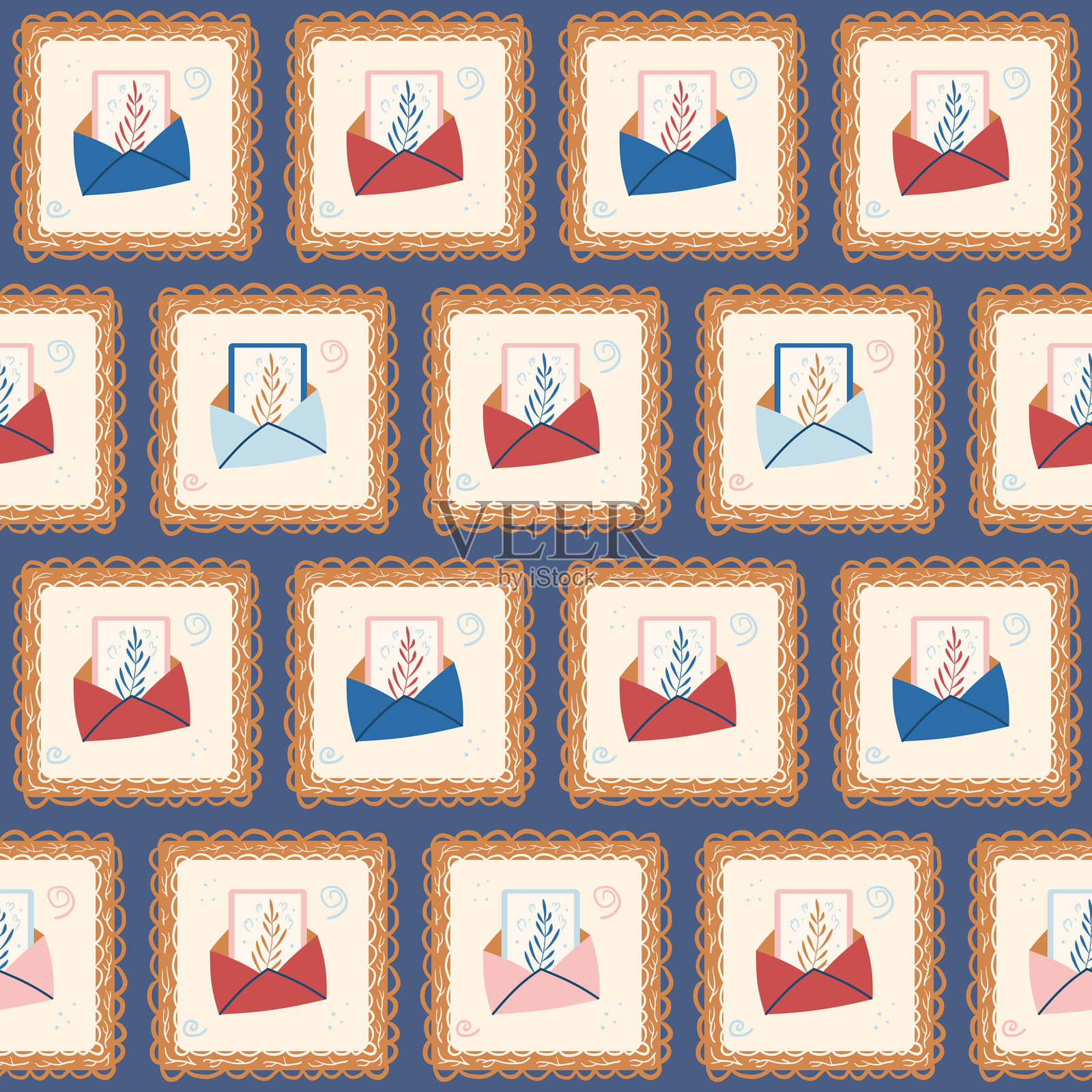 信封拼布无缝图案。邮寄服务的绗缝无尽背景。邮政重复装饰。表面图案设计的信使主题。矢量手绘插图。插画图片素材