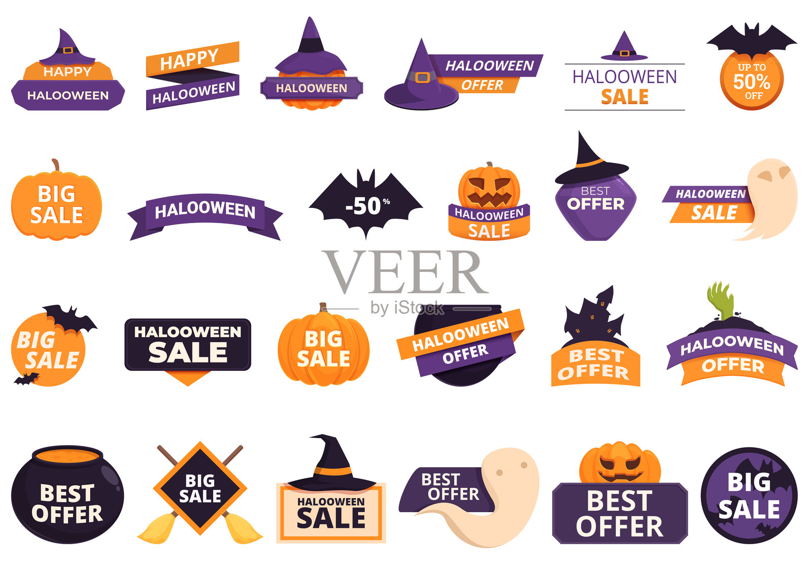 万圣节图标折扣卡通矢量图集。快乐促销插画图片素材