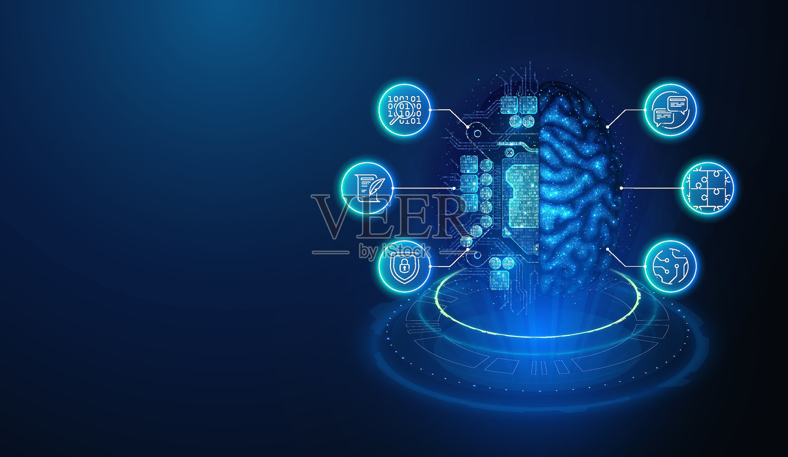 人脑与人工智能CPU电路板的抽象插图，由发光的霓虹粒子和线条图标构成。蓝色几何背景描绘了人工智能的概念。插画图片素材