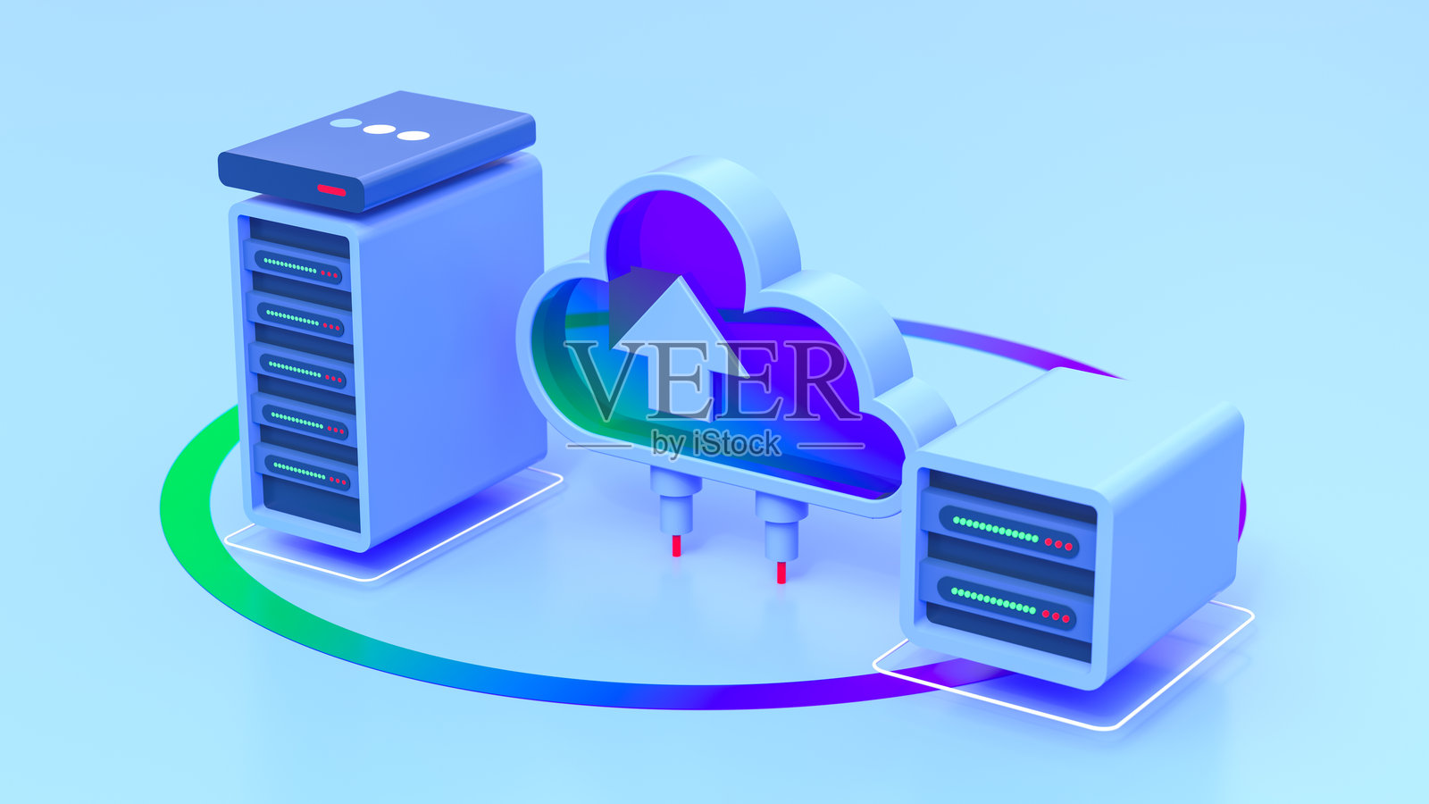 云计算与服务器机架、云存储图标和数据存储，等距视图，蓝色配色方案，技术概念，数字基础设施，云上传符号，3D渲染。照片摄影图片