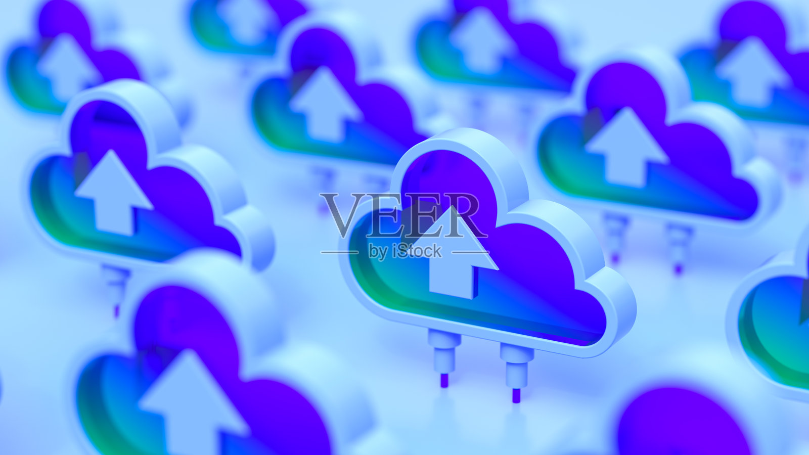 云计算与服务器机架、云存储图标和数据存储，等距视图，蓝色配色方案，技术概念，数字基础设施，云上传符号，3D渲染。照片摄影图片