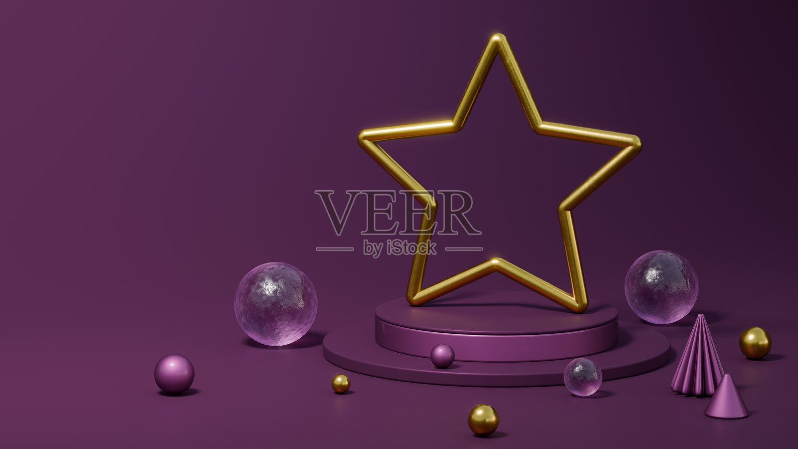 金色星星与紫色抽象形状构成现代圣诞插图照片摄影图片