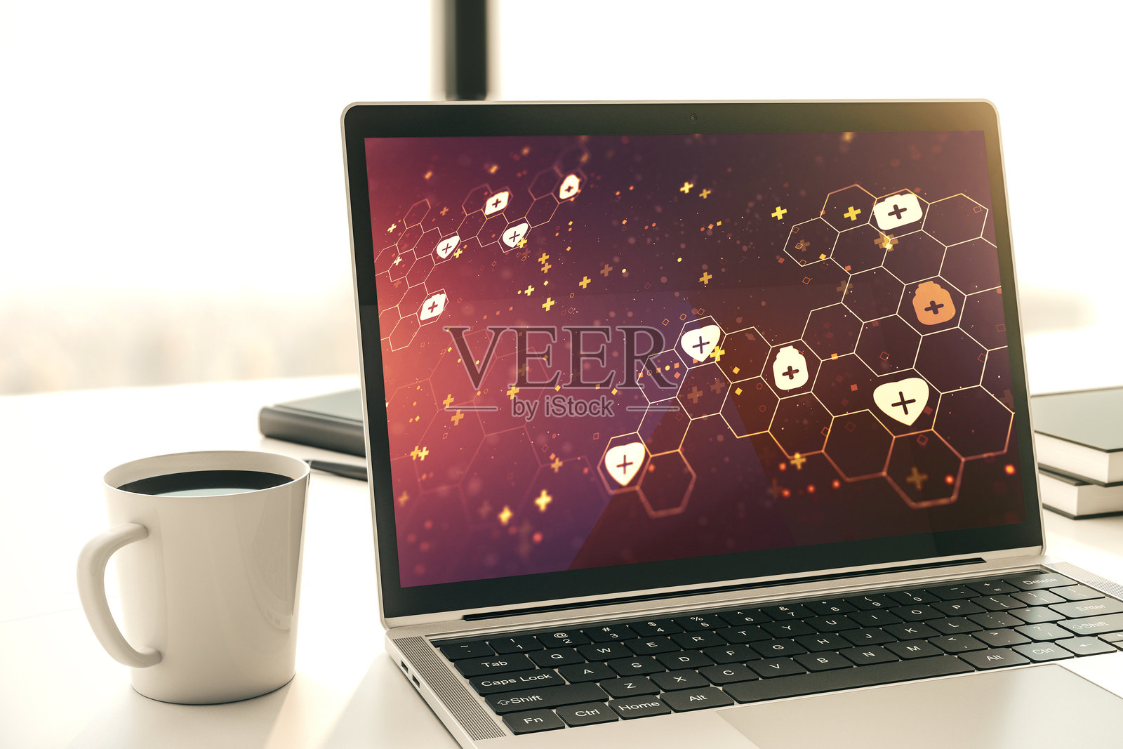 现代笔记本电脑显示器上的创意抽象医学草图，医学与健康概念。3D渲染。照片摄影图片