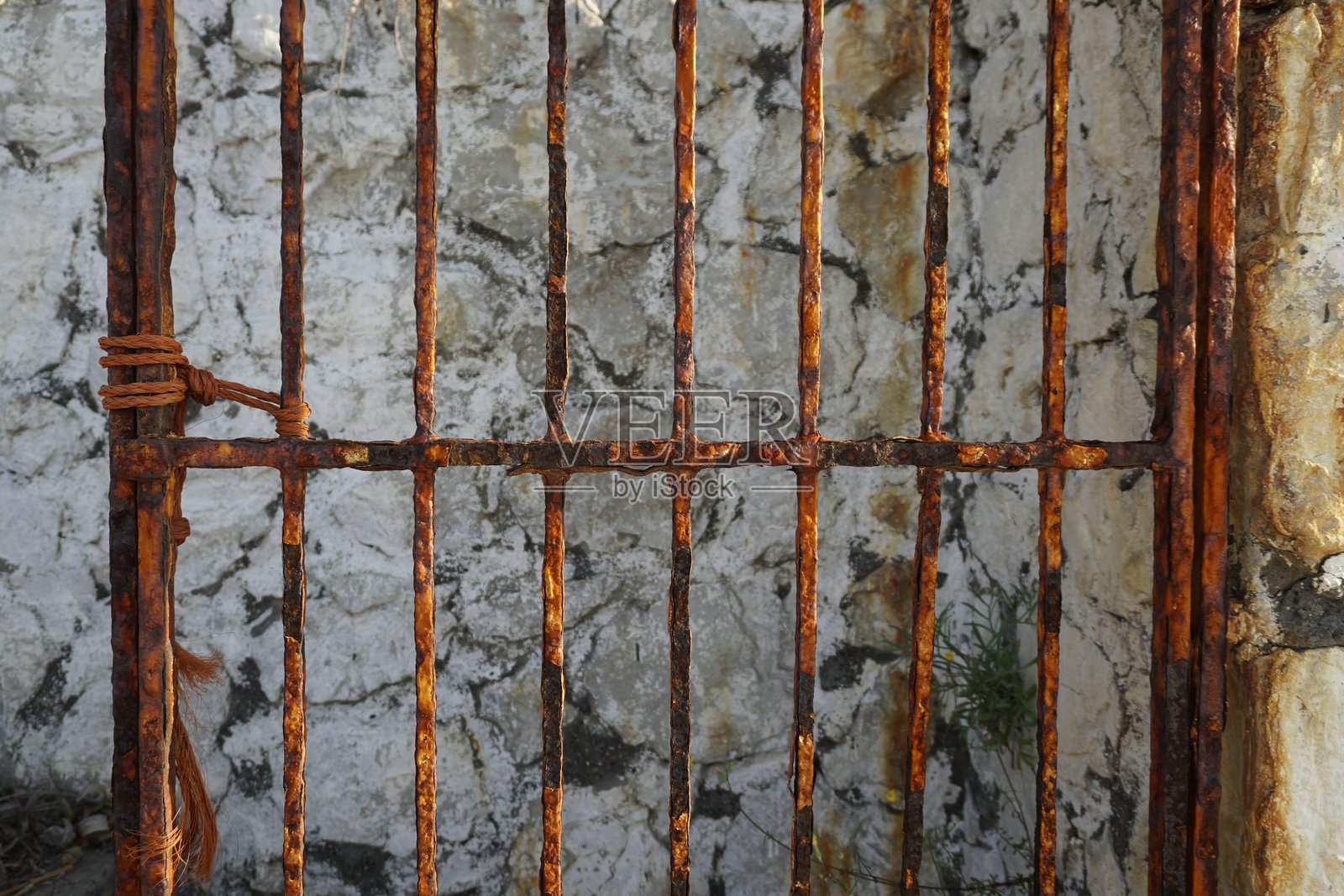 生锈的金属杆。纹理。美丽的背景。海边一扇旧门的碎片。照片摄影图片