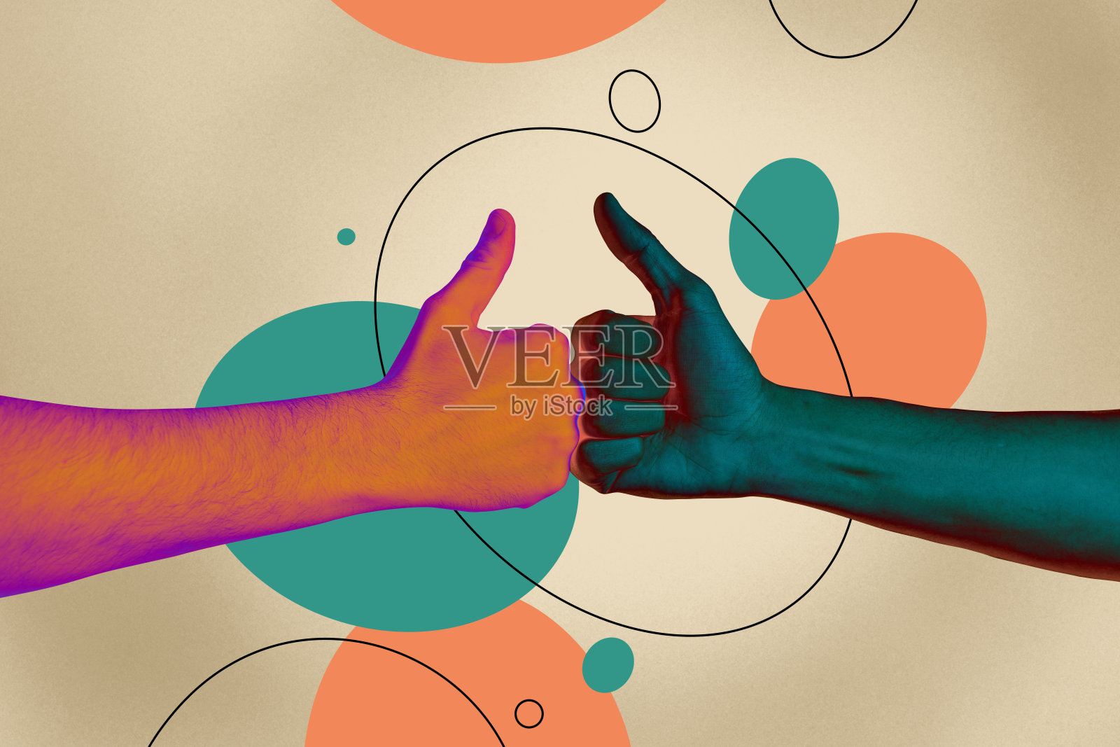 卡通漫画风格的手部素描拼贴，展示了竖起大拇指的反应手势，象征着反馈和良好评价，背景色彩丰富。照片摄影图片