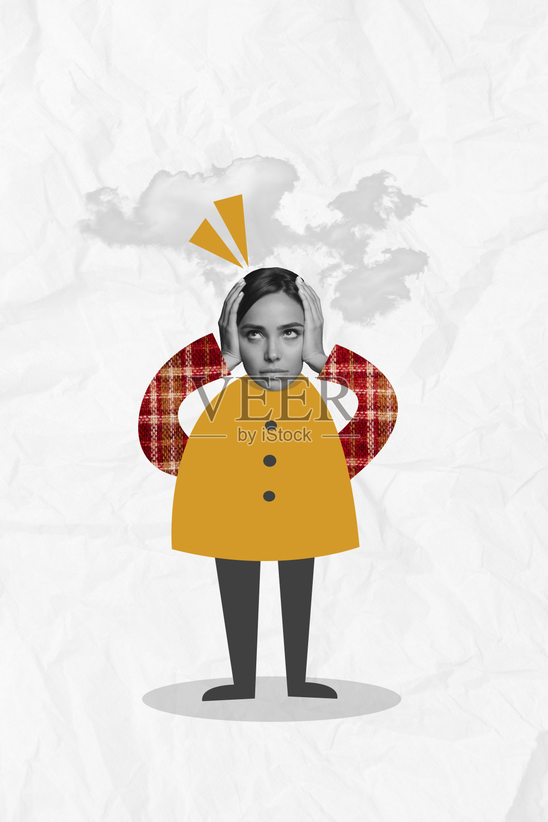 疲惫不堪的女性在绘制背景中孤立，因一周的辛苦工作而遭受头痛和偏头痛的拼贴画。照片摄影图片