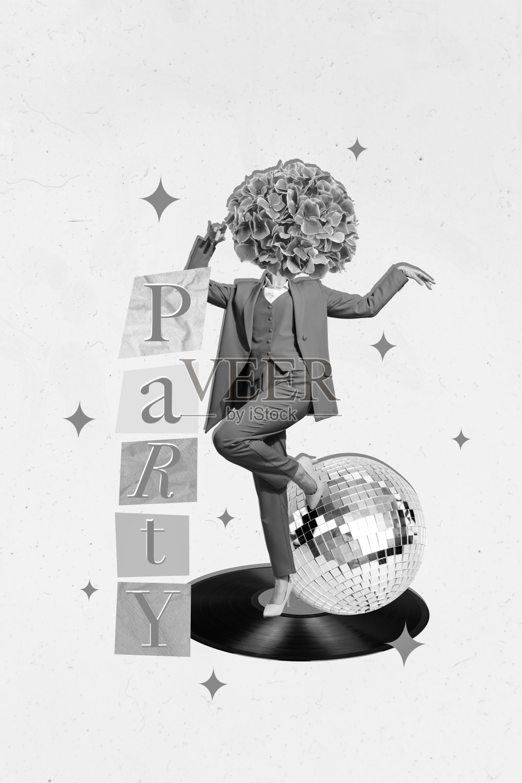 迷人的女士花朵头部拼贴艺术作品，快乐地跳舞，背景为独立绘画。照片摄影图片