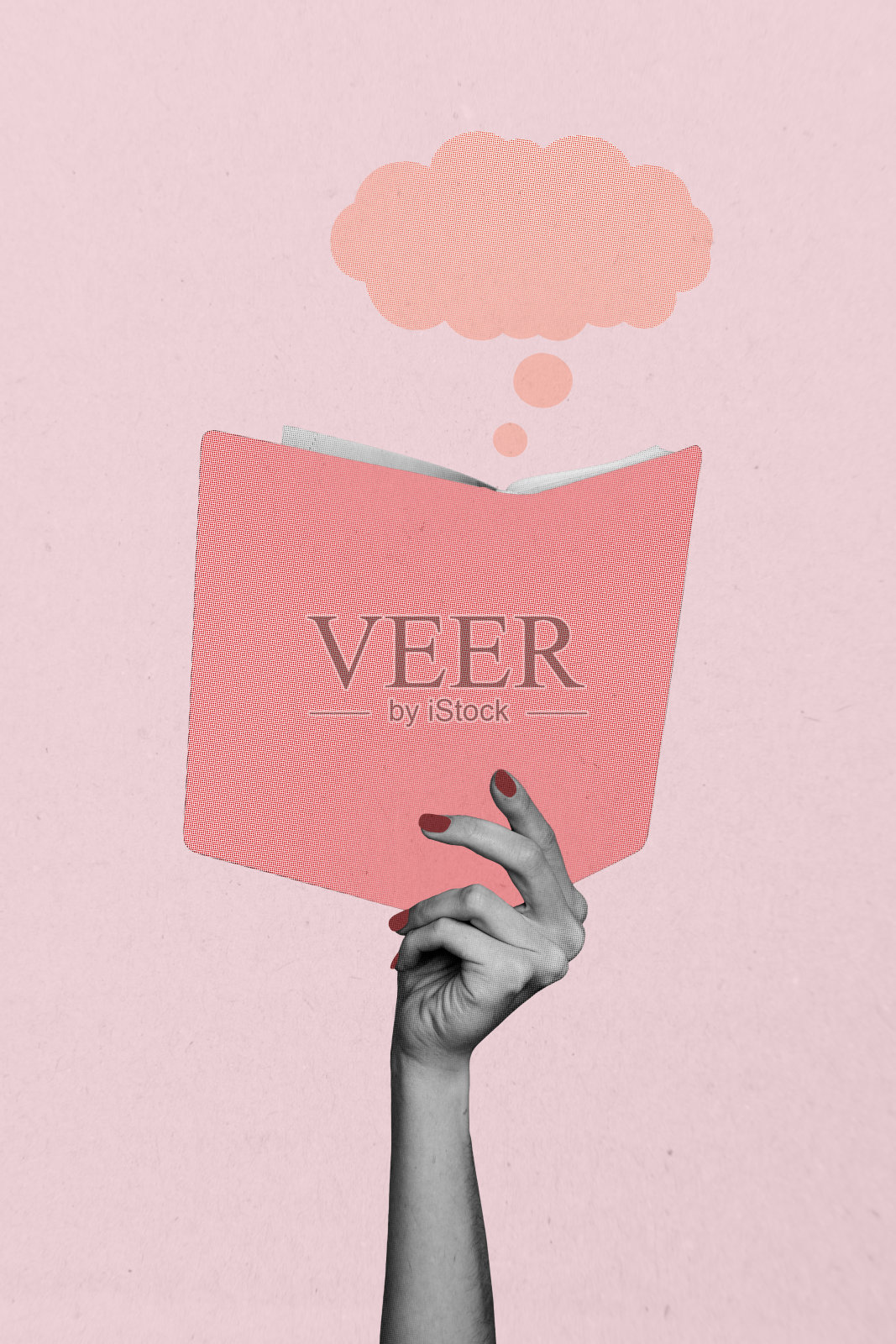 垂直素描3D艺术拼贴海报，手握书本的教育概念，童话般的云朵、对话气泡和阅读者，独立于绘画背景。照片摄影图片